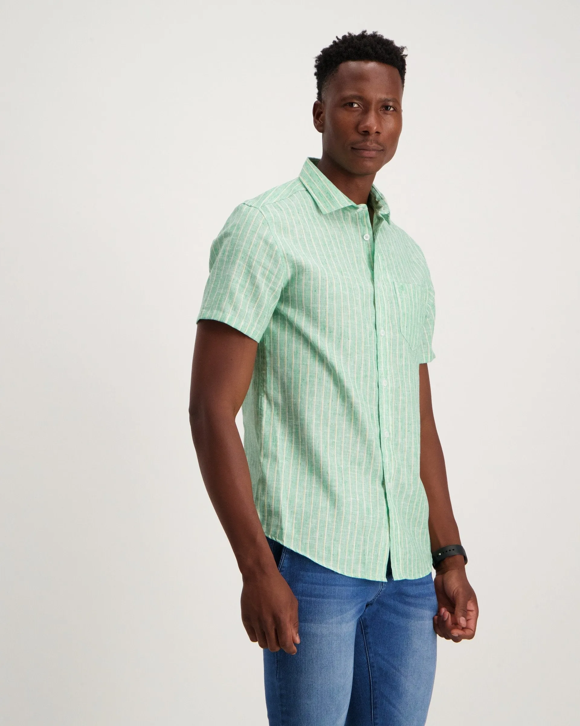 Mens - Green Stripe Linen Shirt