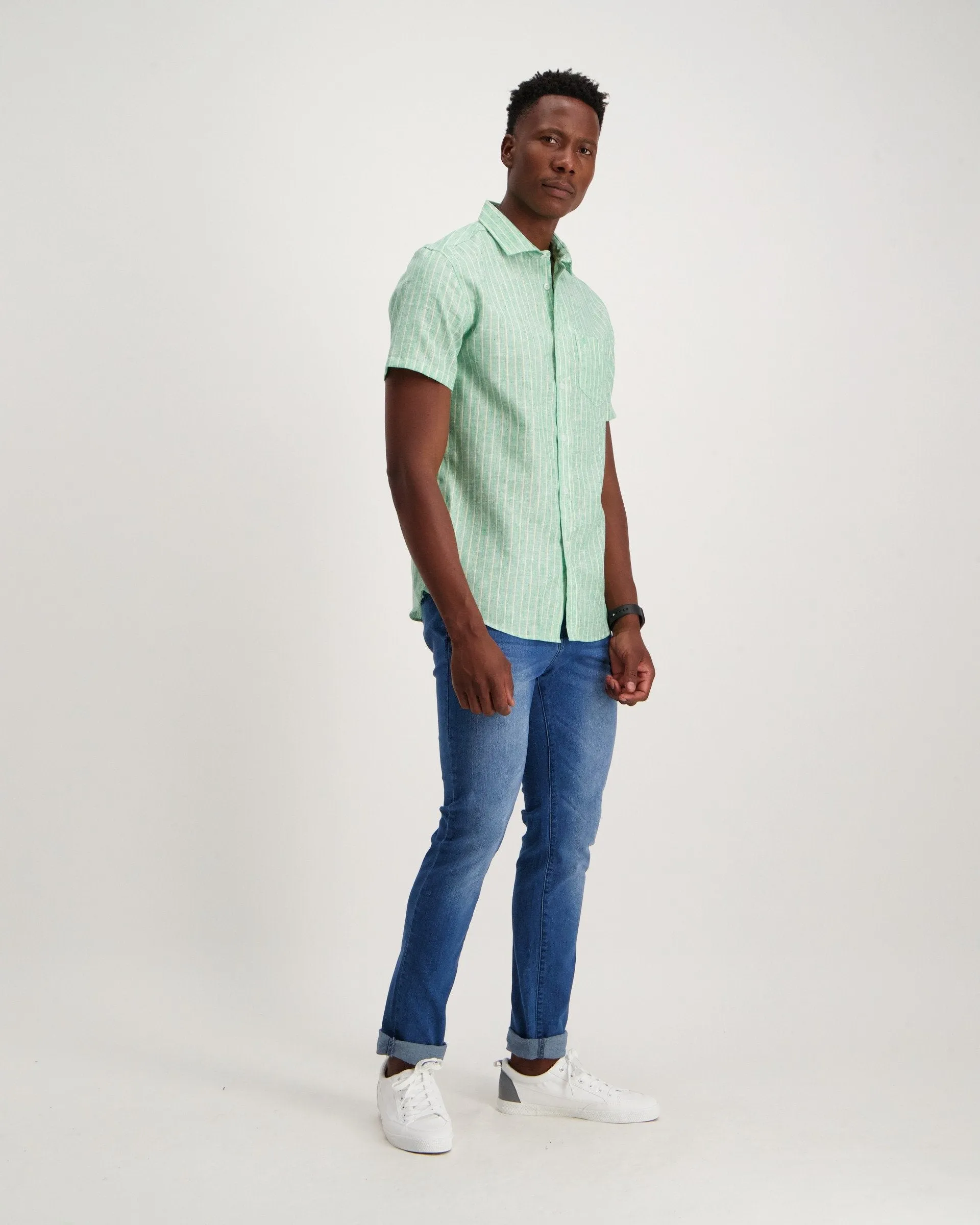 Mens - Green Stripe Linen Shirt