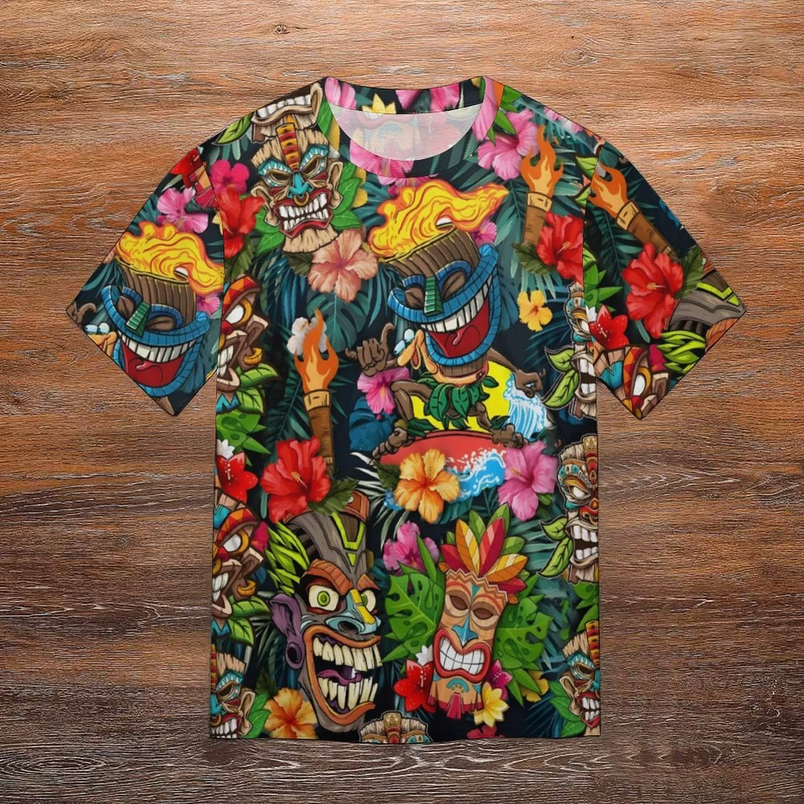 Men's Round Neck Tiki Art Casual T-Shirt 2404000507