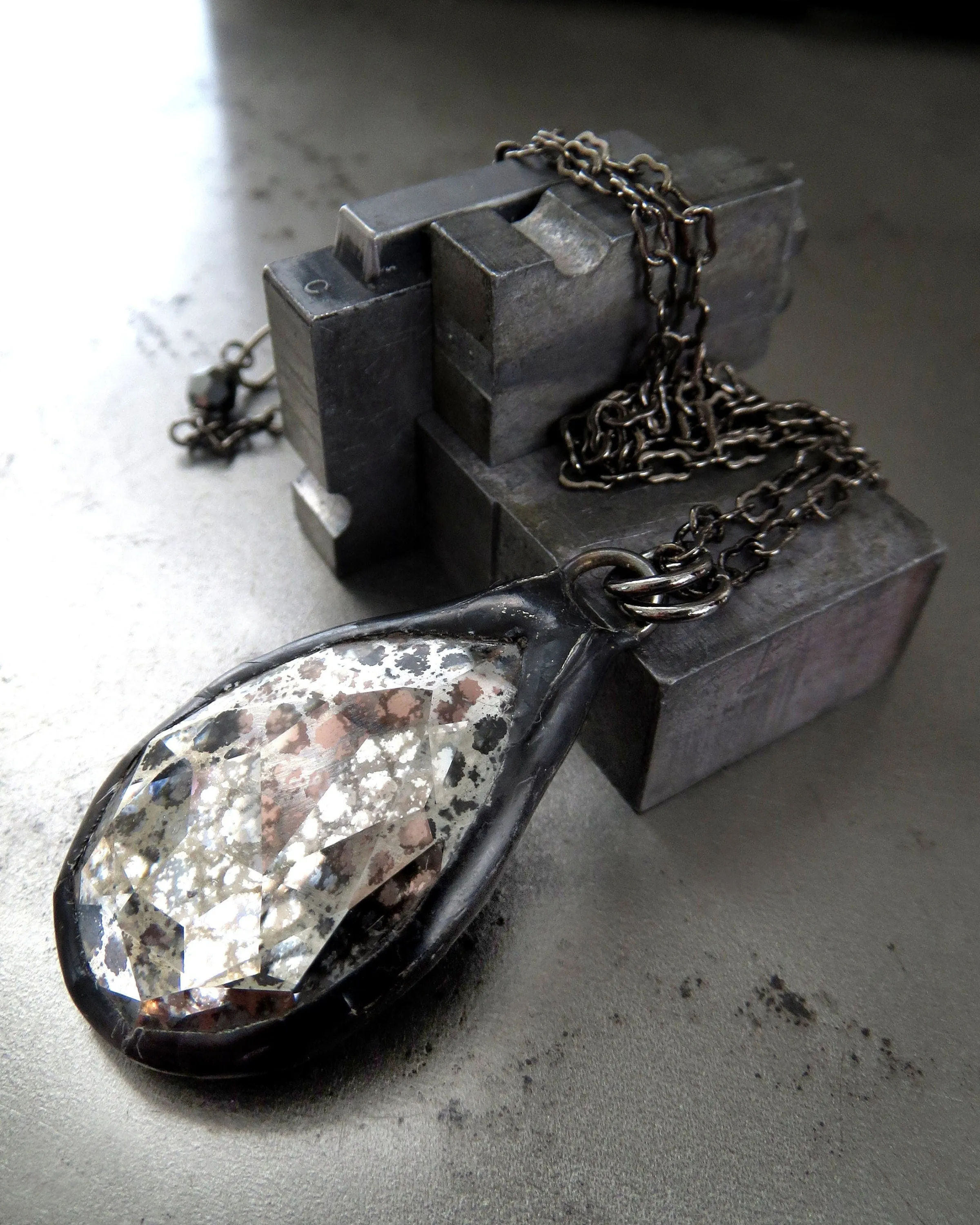 MERCURY - Gothic Silver Patina Crystal Teardrop Necklace