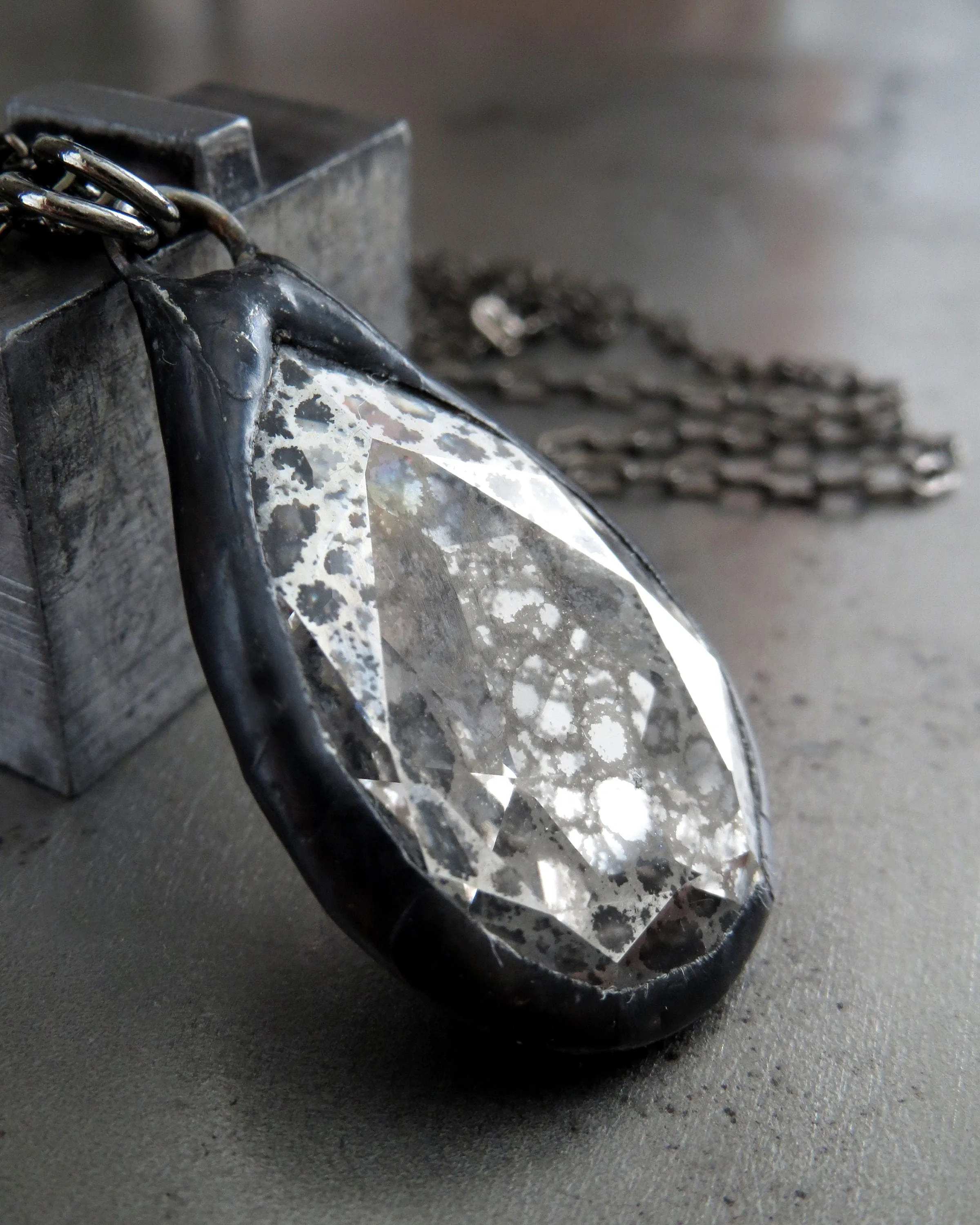 MERCURY - Gothic Silver Patina Crystal Teardrop Necklace