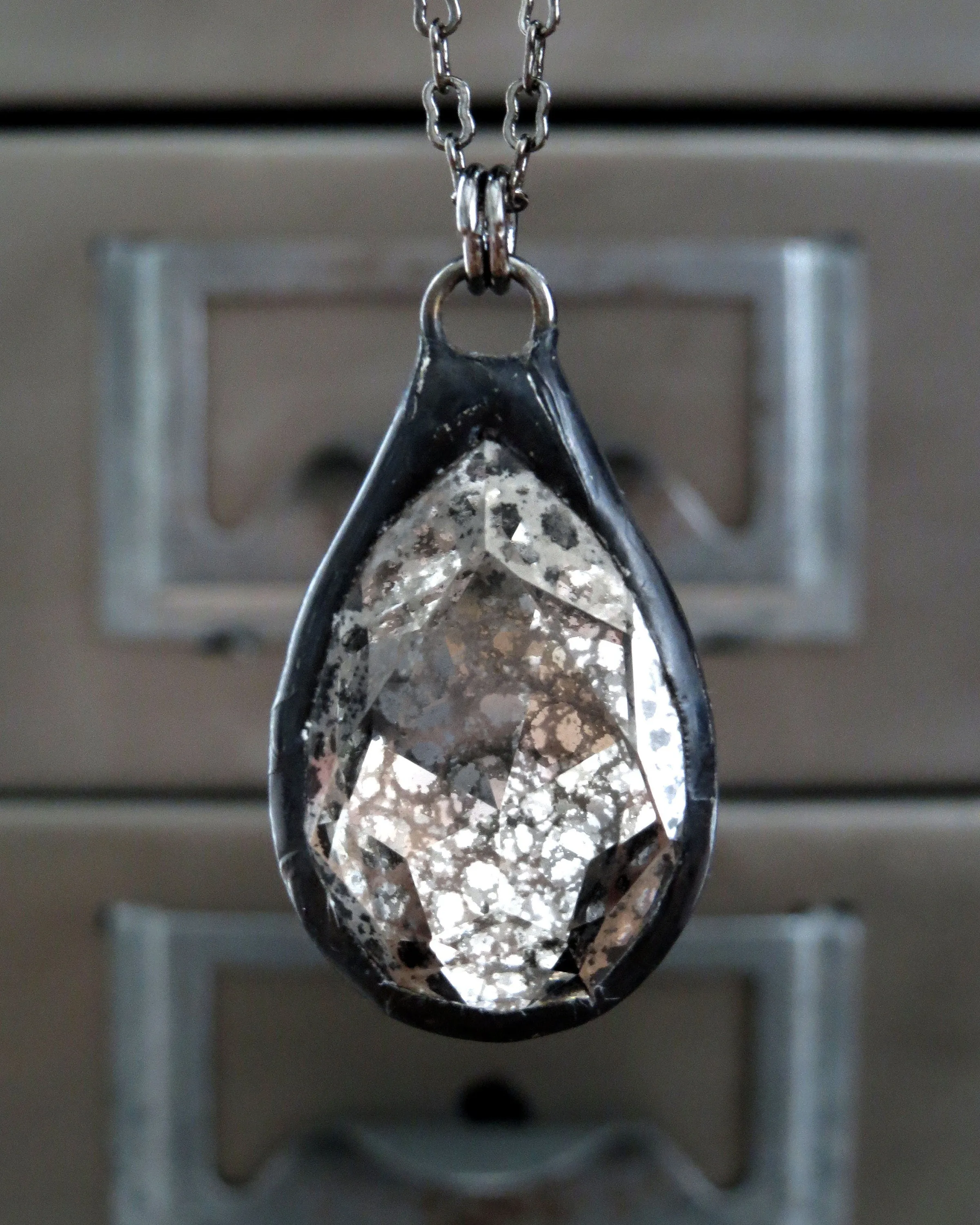 MERCURY - Gothic Silver Patina Crystal Teardrop Necklace
