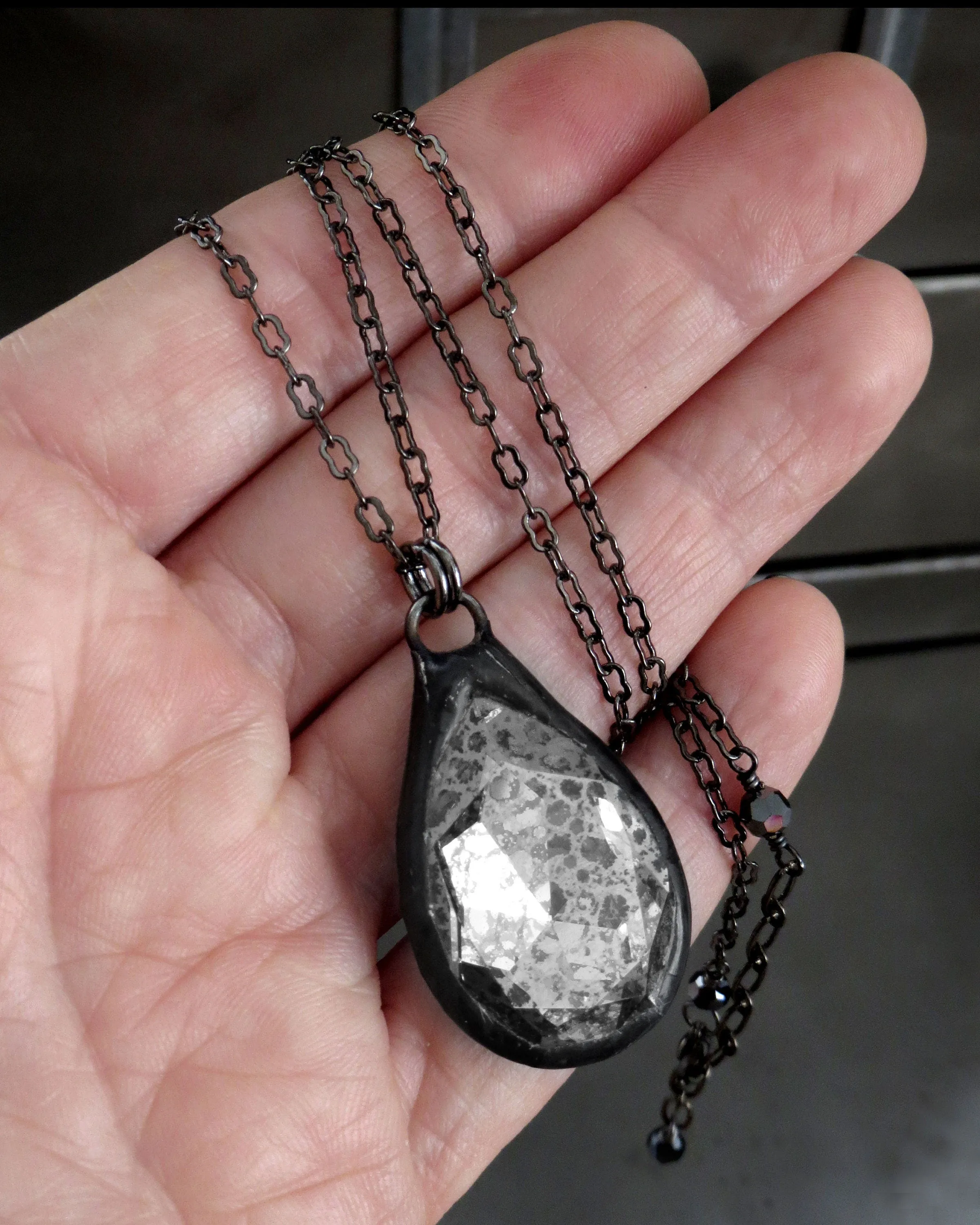 MERCURY - Gothic Silver Patina Crystal Teardrop Necklace