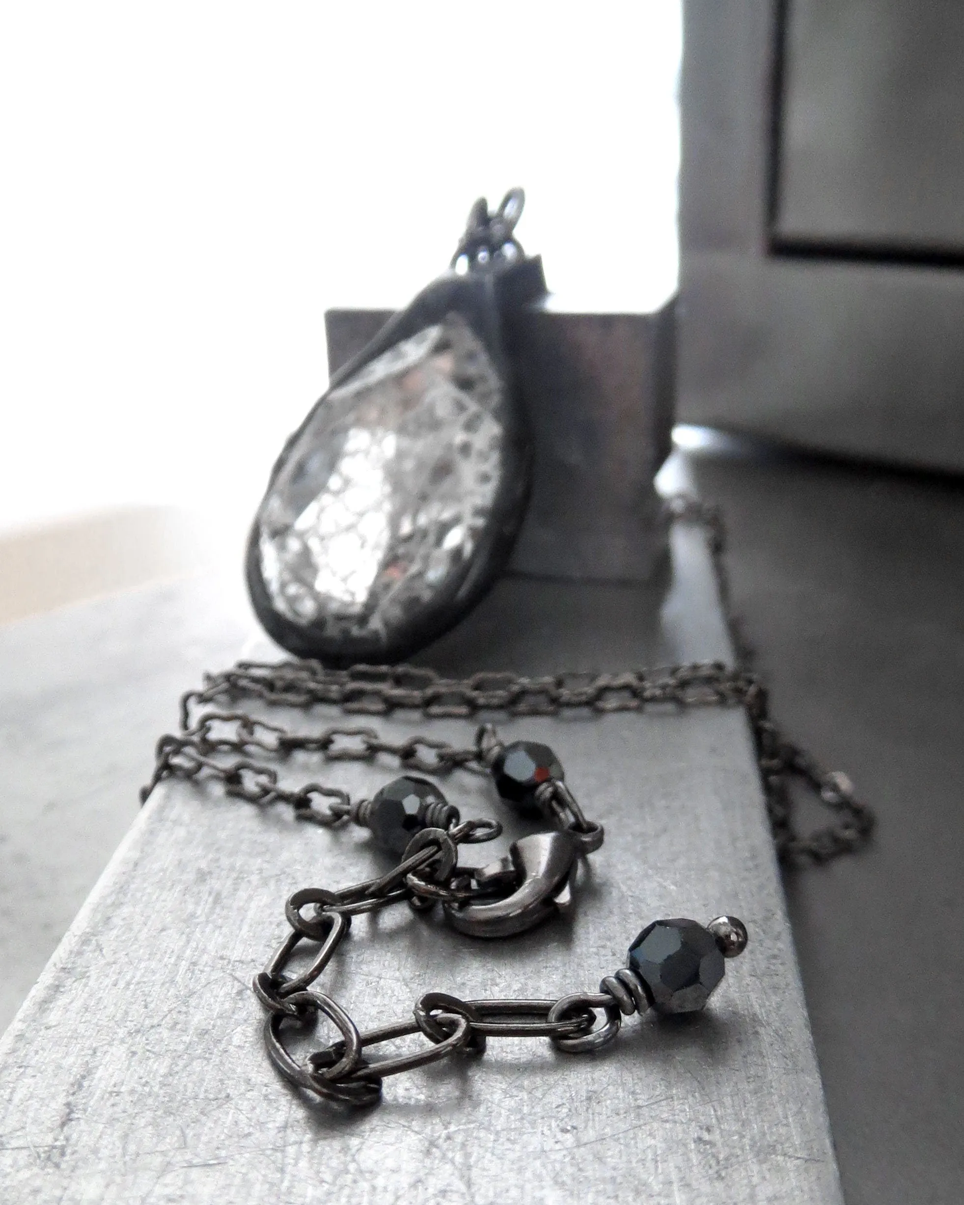 MERCURY - Gothic Silver Patina Crystal Teardrop Necklace