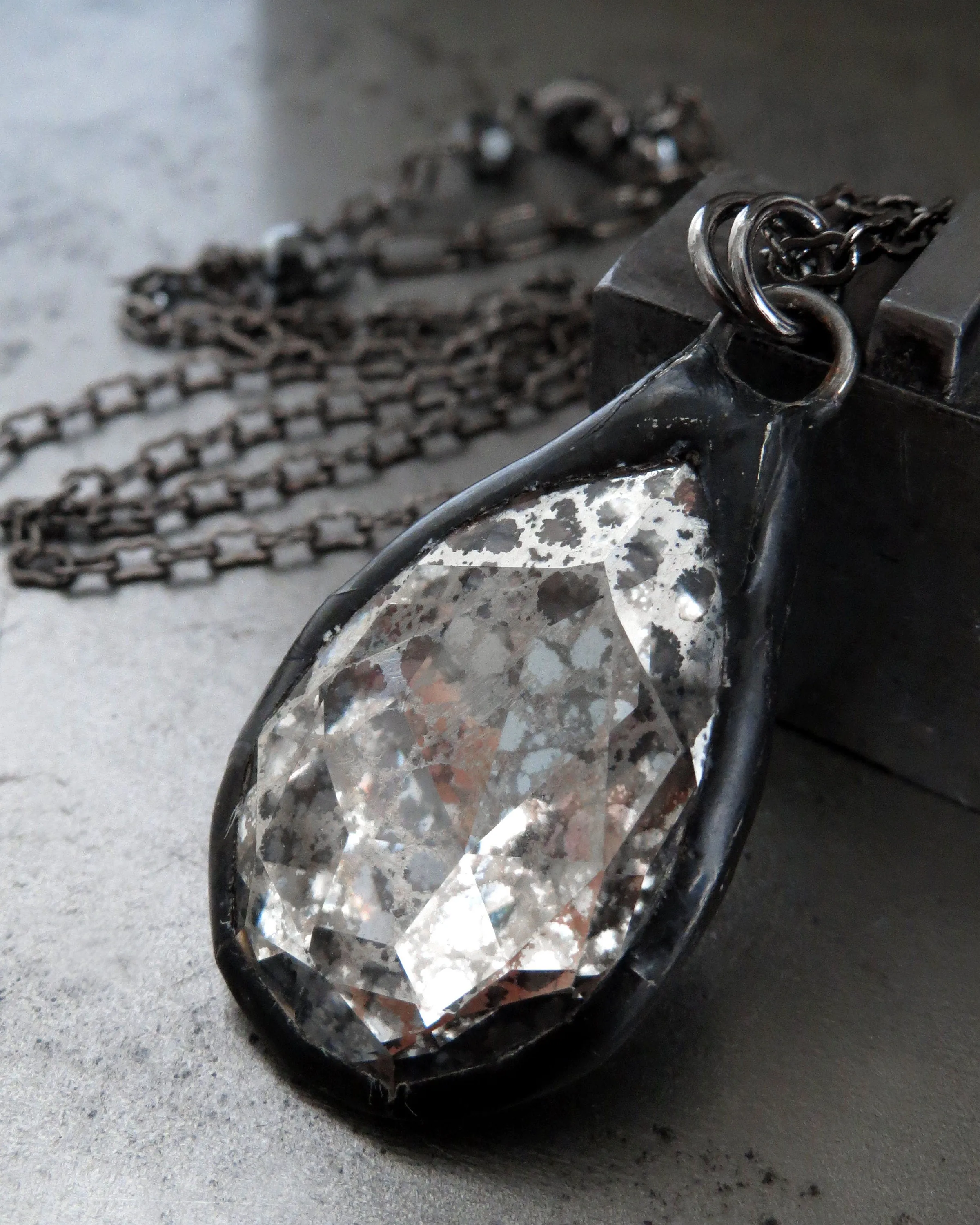 MERCURY - Gothic Silver Patina Crystal Teardrop Necklace