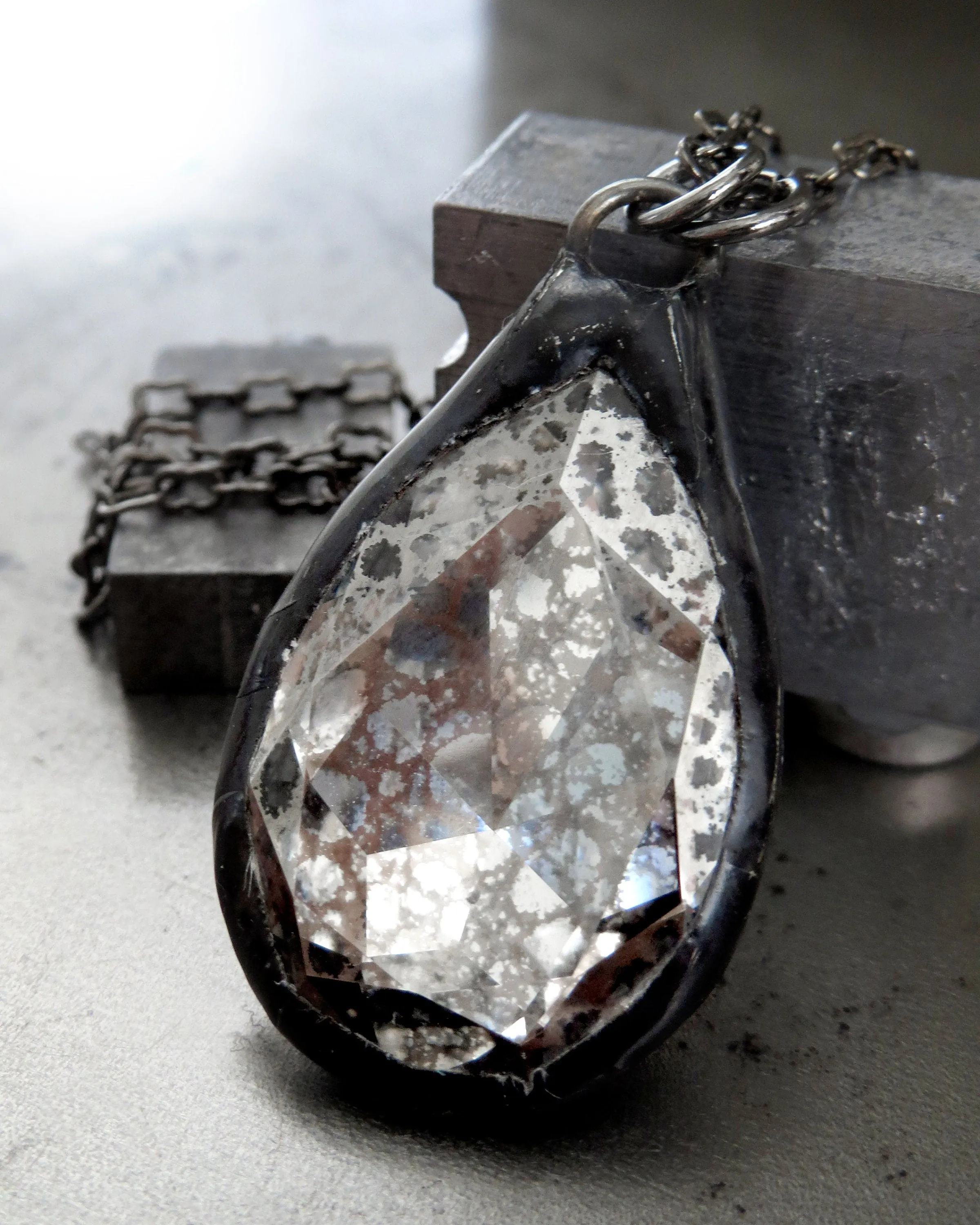 MERCURY - Gothic Silver Patina Crystal Teardrop Necklace
