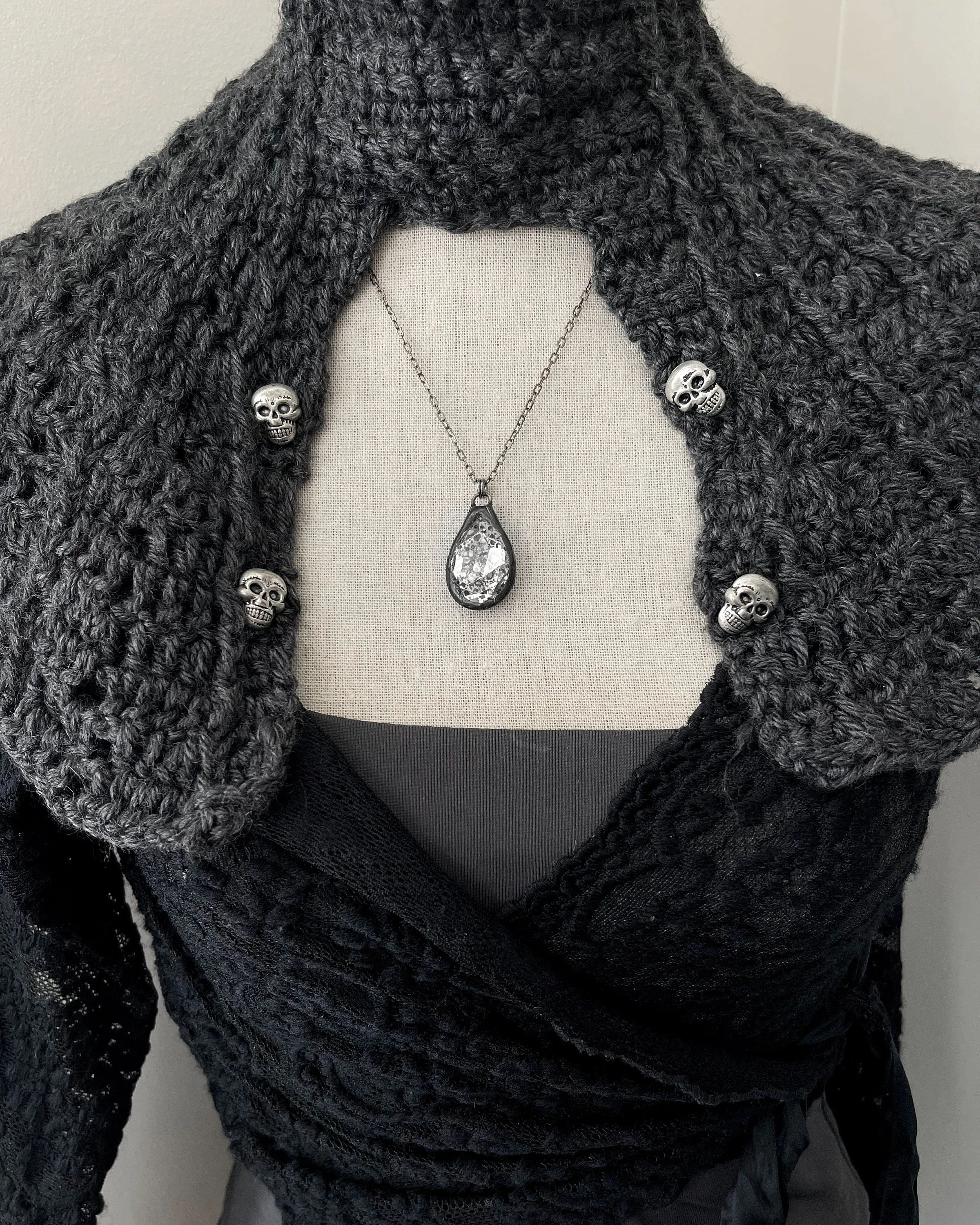 MERCURY - Gothic Silver Patina Crystal Teardrop Necklace