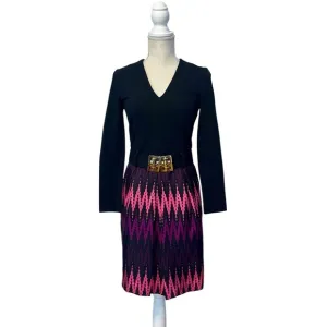Milly Long Sleeve V Neck Belted Mini Dress Womens Sz 4 Black Pink Silk Blend