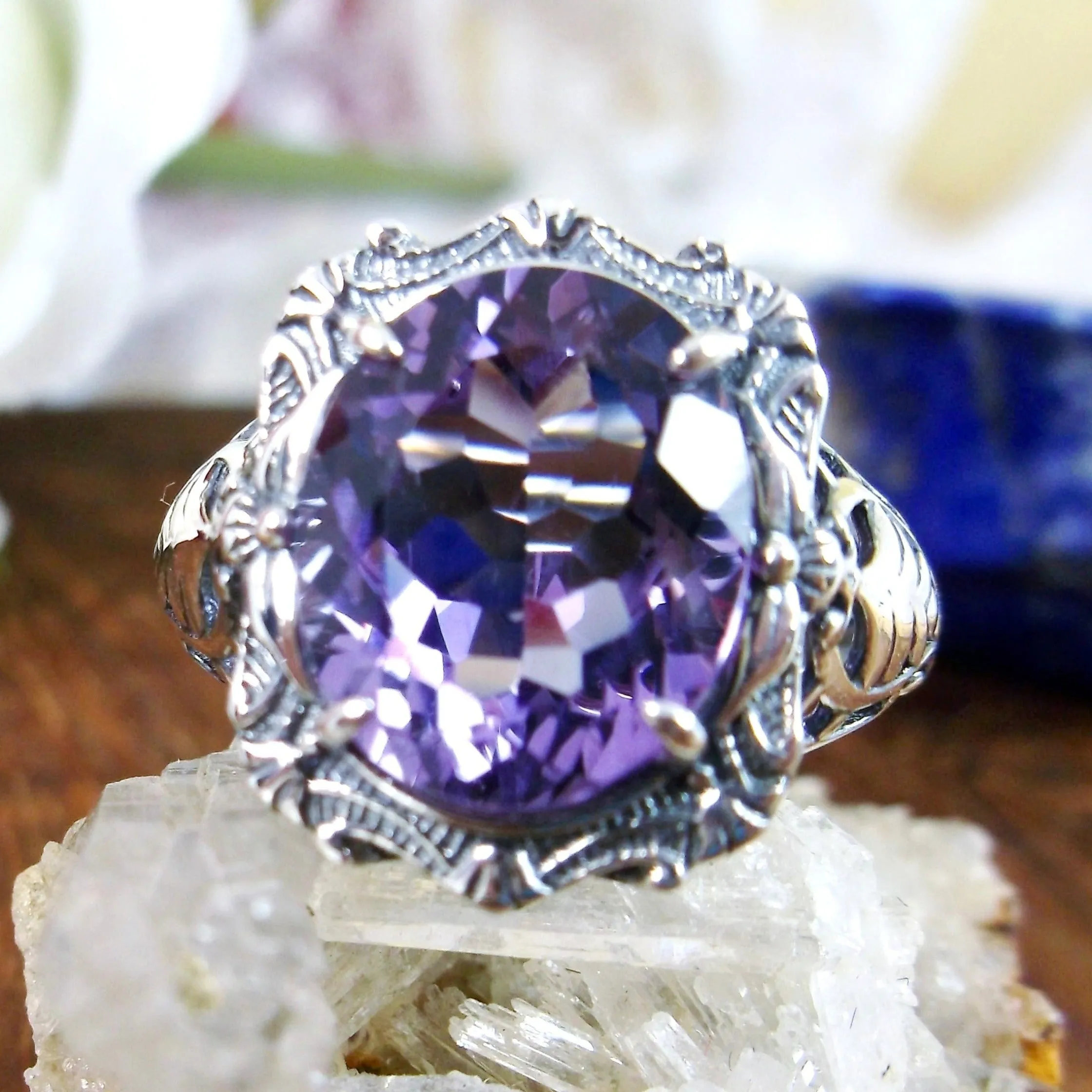 Natural Amethyst Ring, Beauty Ring, Purple Natural Gemstone, Oval Art Nouveau Filigree Ring, D229
