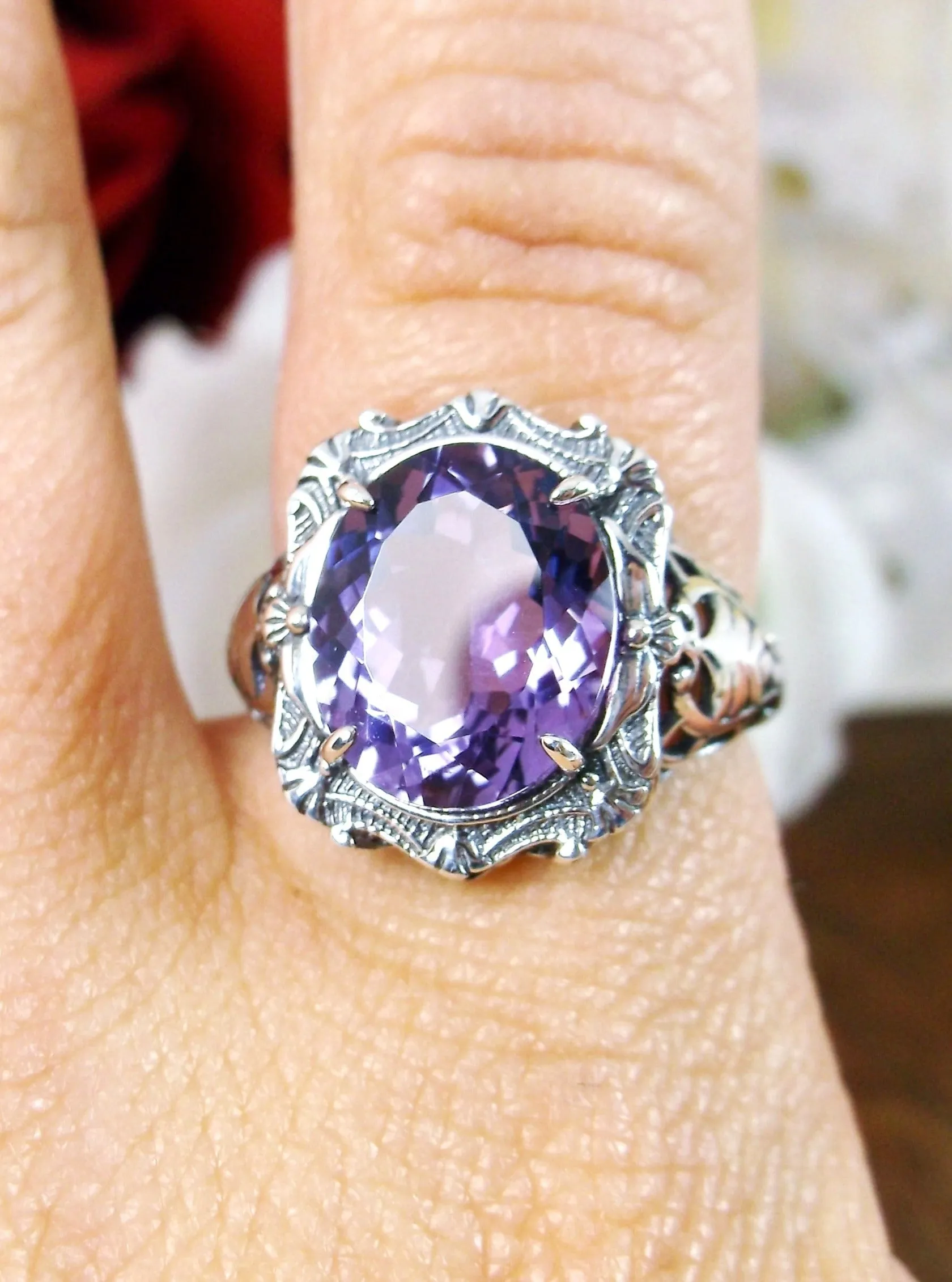 Natural Amethyst Ring, Beauty Ring, Purple Natural Gemstone, Oval Art Nouveau Filigree Ring, D229