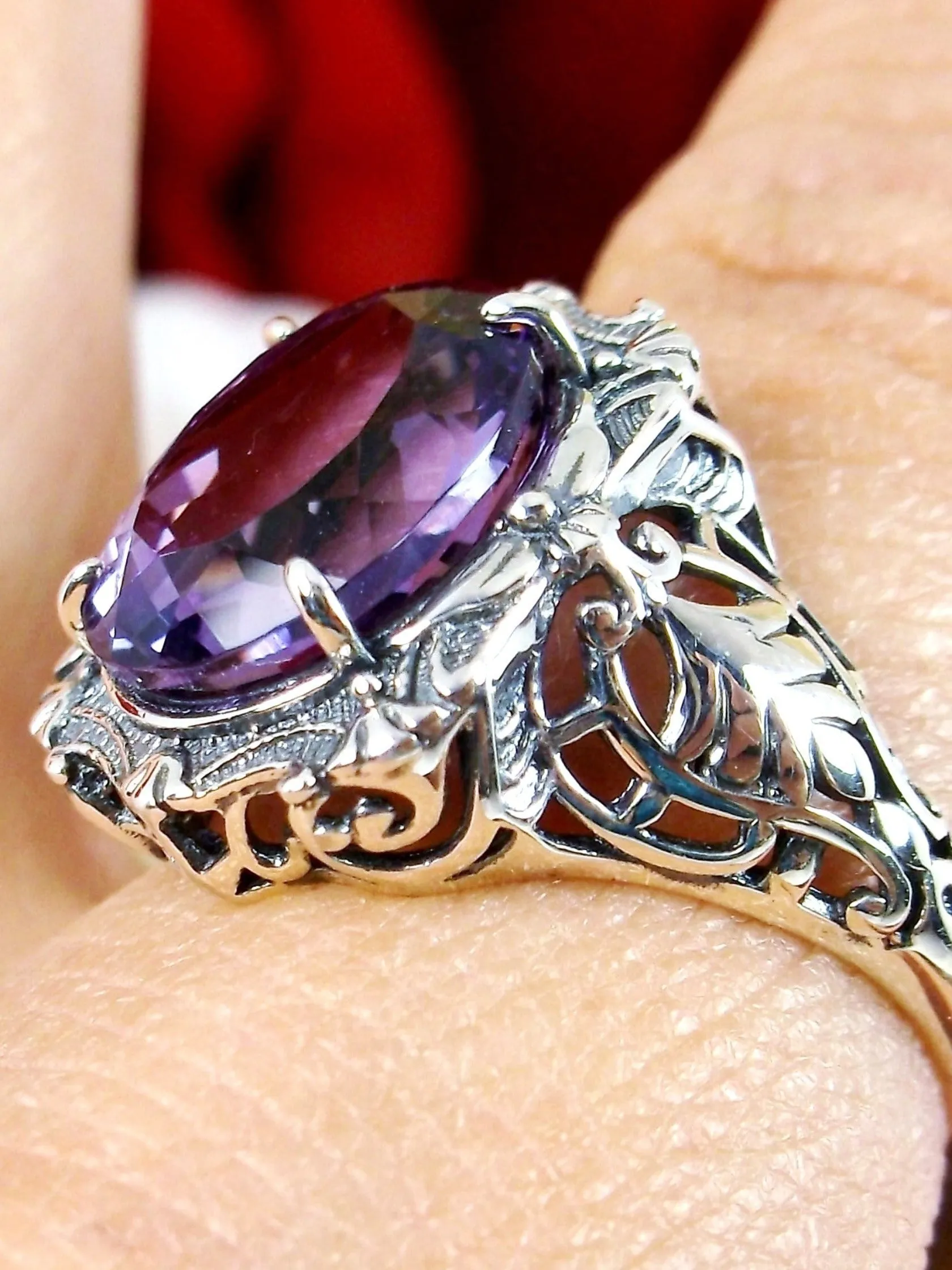 Natural Amethyst Ring, Beauty Ring, Purple Natural Gemstone, Oval Art Nouveau Filigree Ring, D229