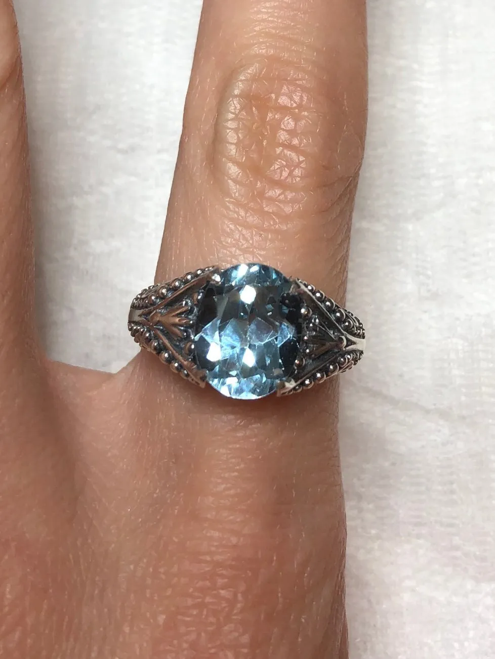 Natural Blue Topaz Ring, Sterling Silver Gothic Jewelry #D85