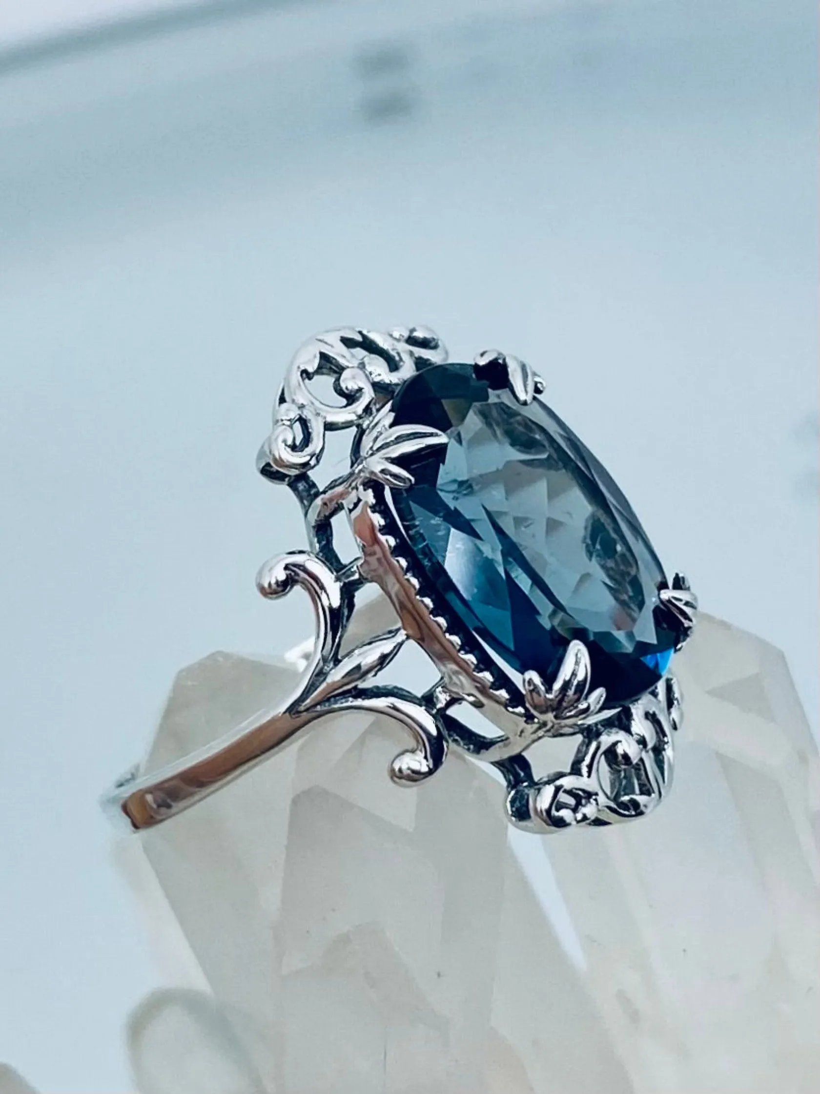 Natural London Blue Topaz Ring, Natural or Simulated Oval Gem, Gothic Vintage Style Jewelry, #D84