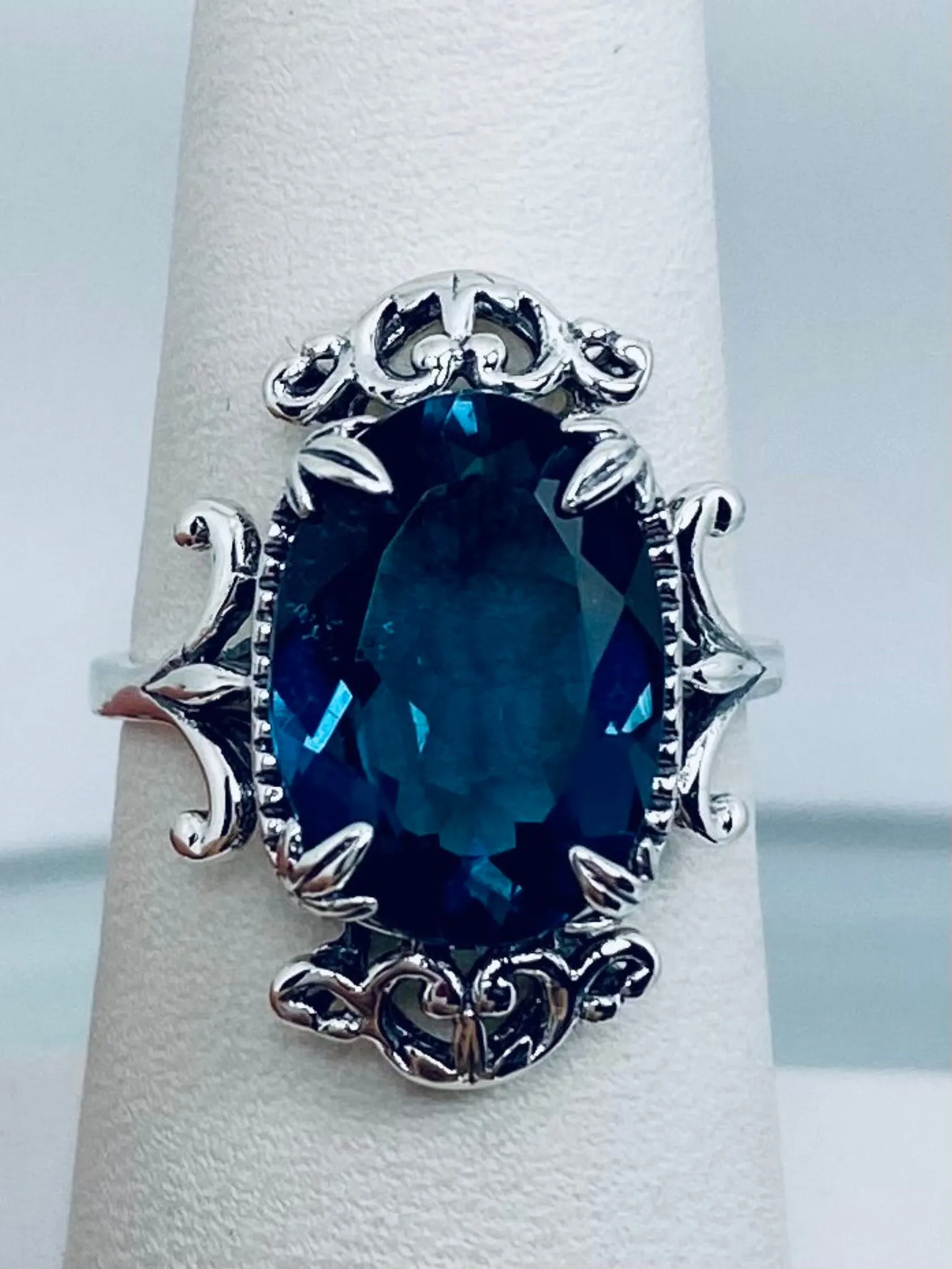 Natural London Blue Topaz Ring, Natural or Simulated Oval Gem, Gothic Vintage Style Jewelry, #D84