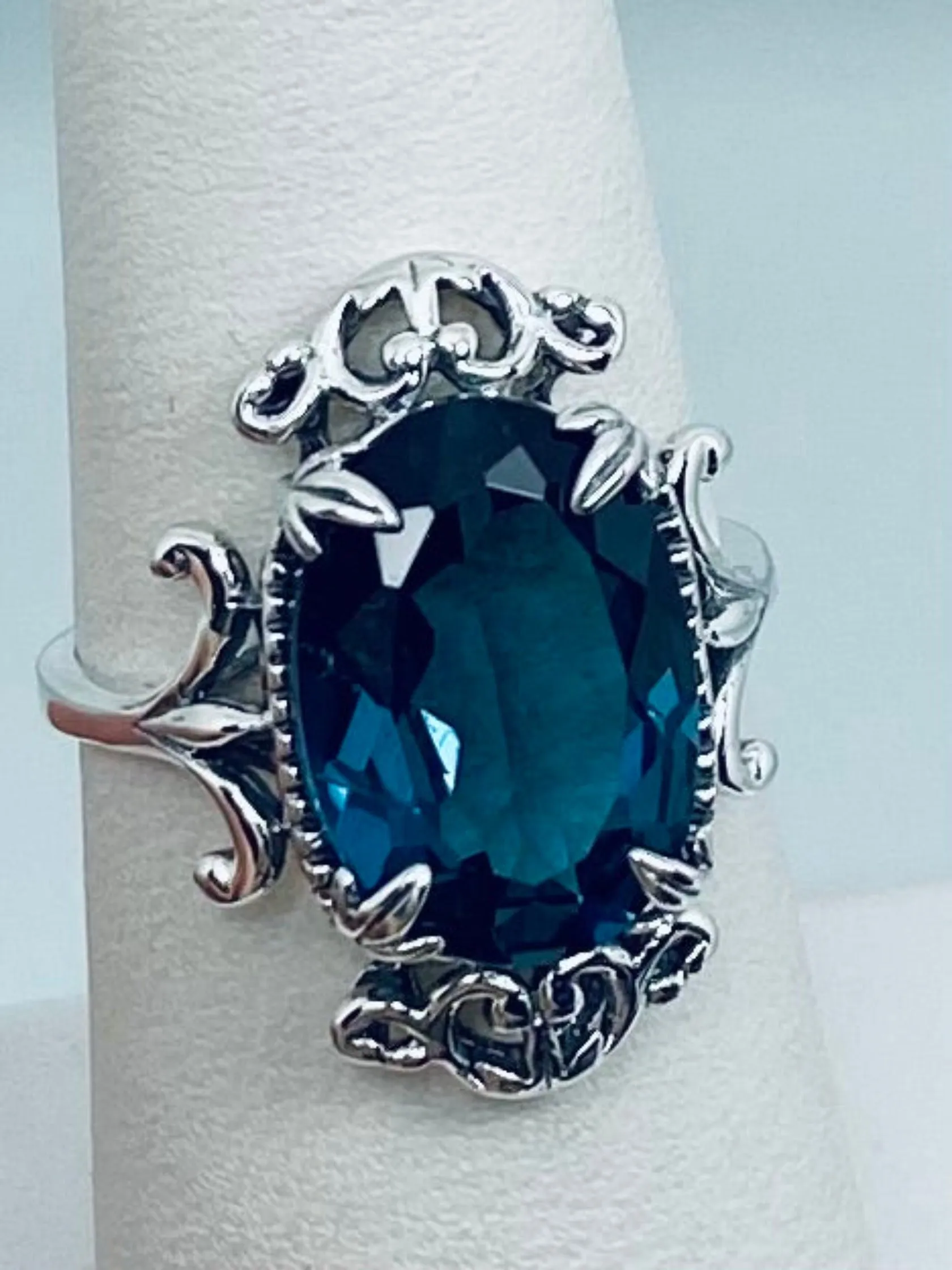 Natural London Blue Topaz Ring, Natural or Simulated Oval Gem, Gothic Vintage Style Jewelry, #D84