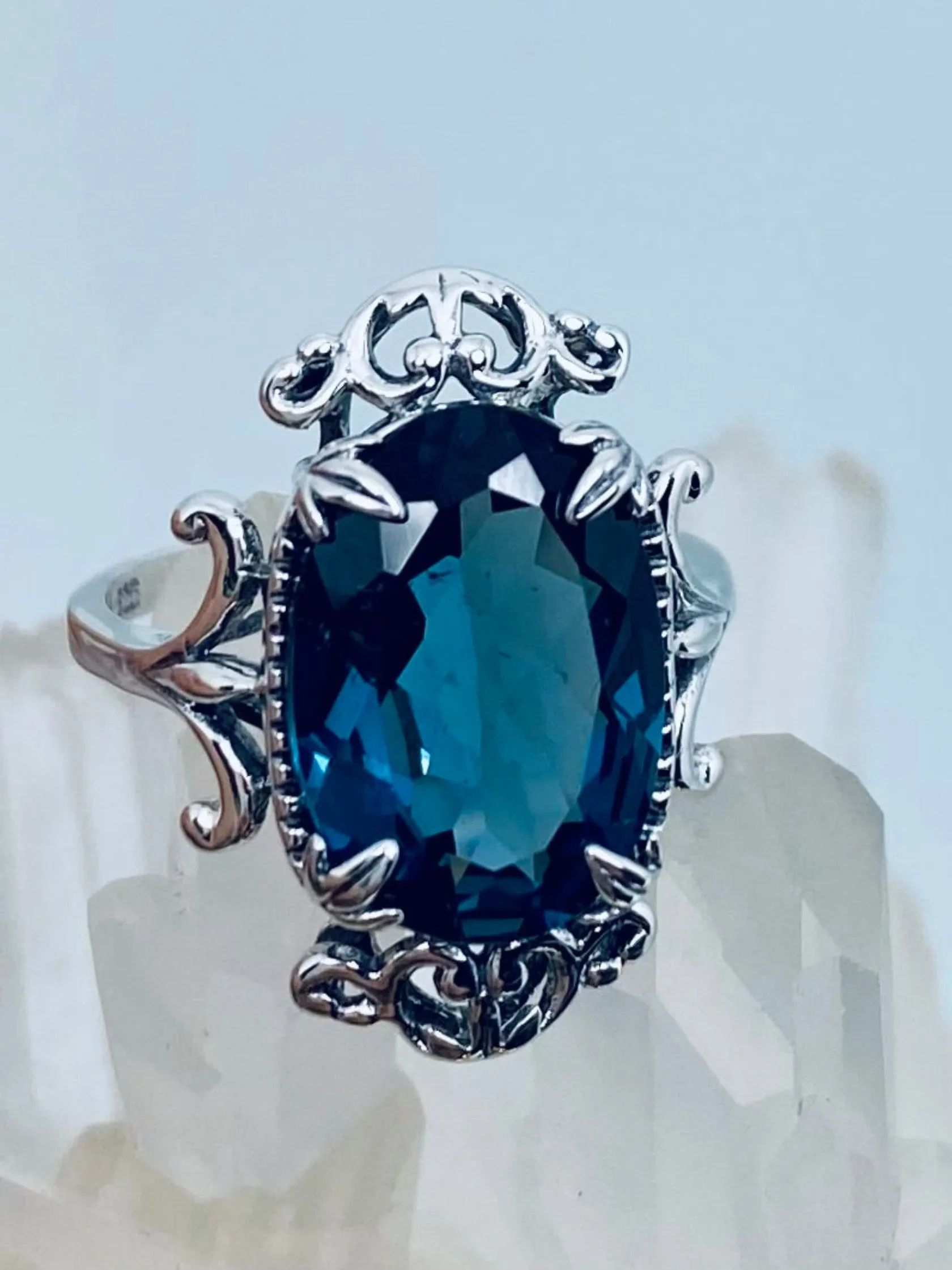 Natural London Blue Topaz Ring, Natural or Simulated Oval Gem, Gothic Vintage Style Jewelry, #D84