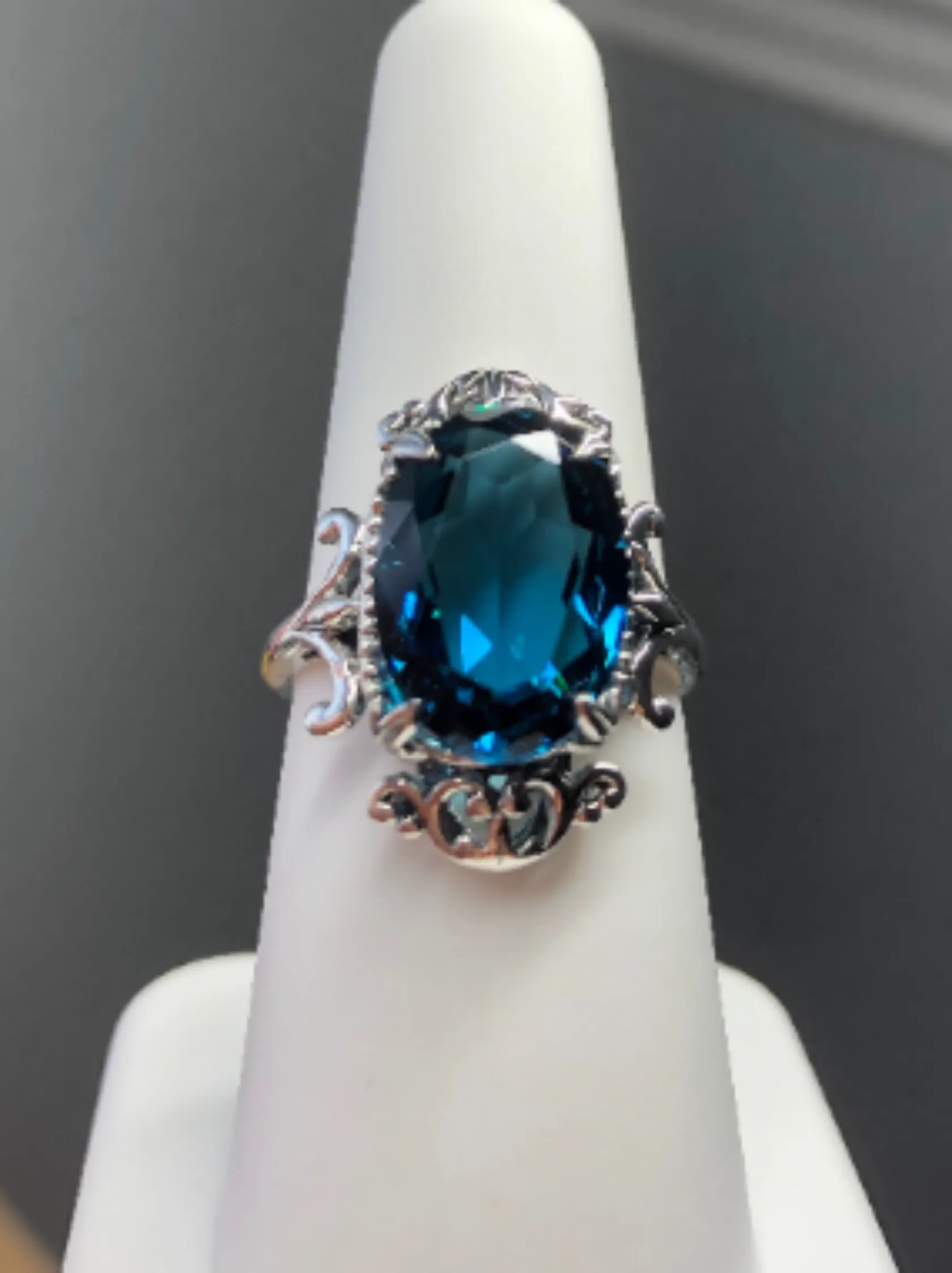 Natural London Blue Topaz Ring, Natural or Simulated Oval Gem, Gothic Vintage Style Jewelry, #D84