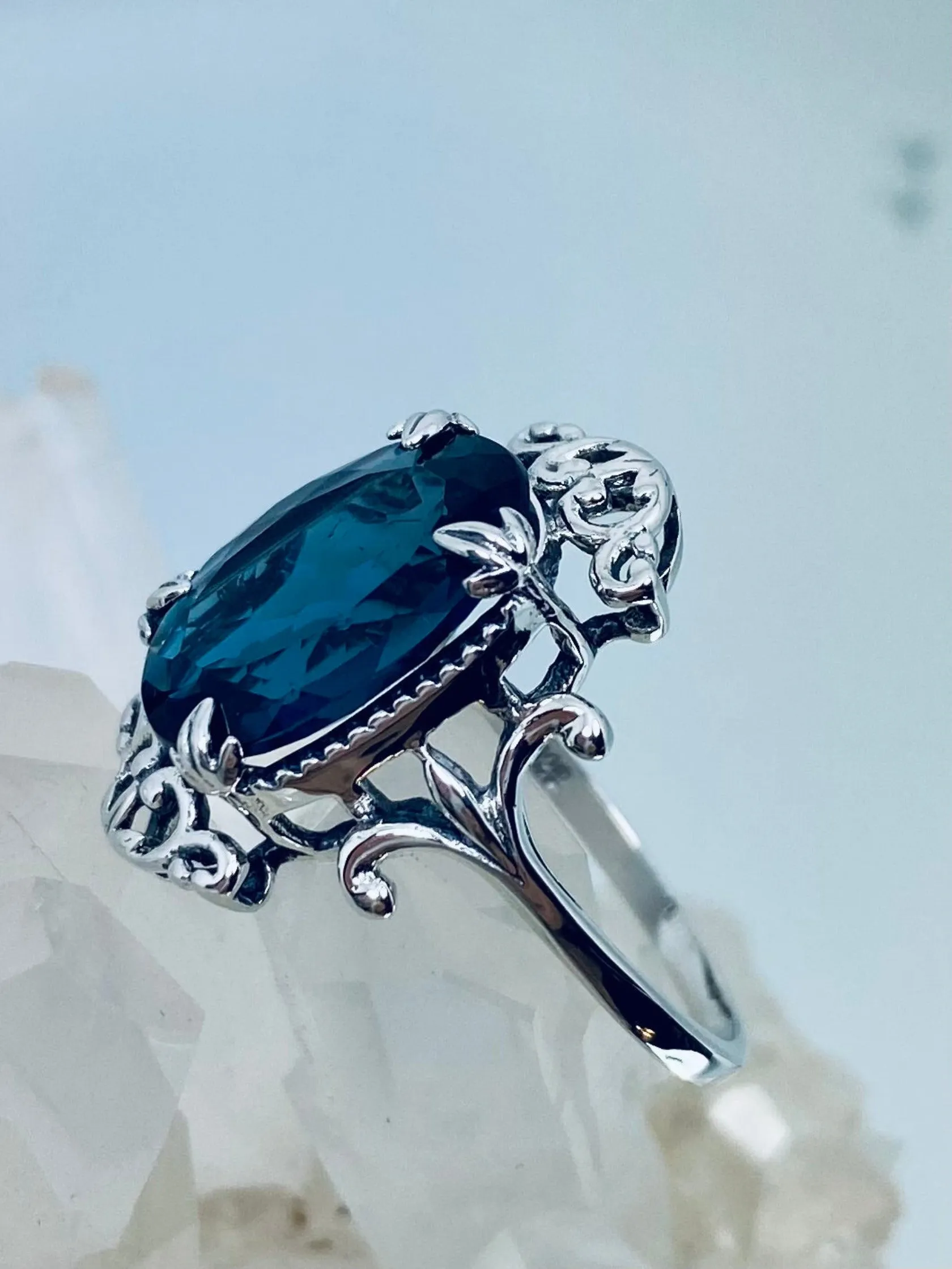 Natural London Blue Topaz Ring, Natural or Simulated Oval Gem, Gothic Vintage Style Jewelry, #D84