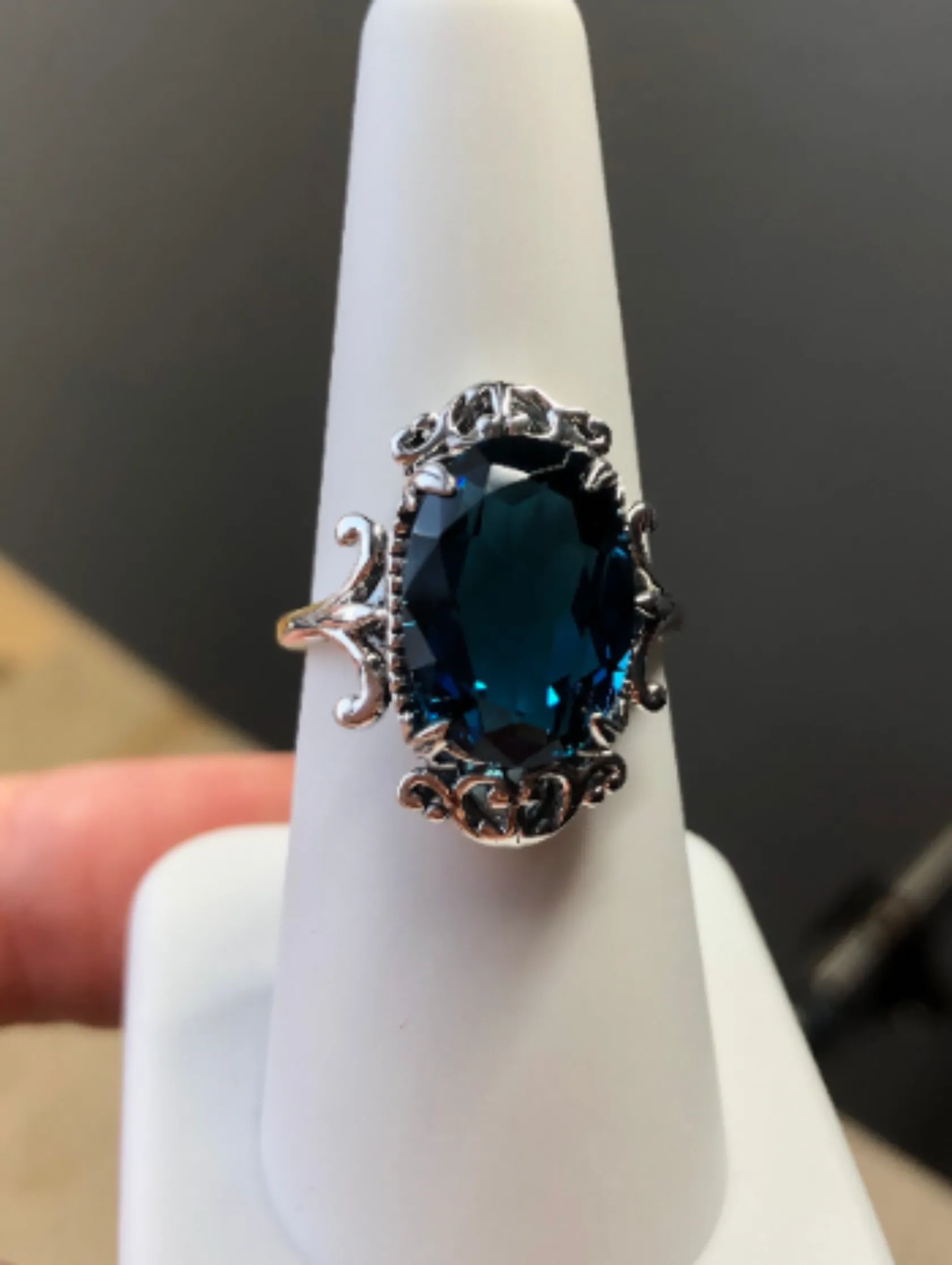 Natural London Blue Topaz Ring, Natural or Simulated Oval Gem, Gothic Vintage Style Jewelry, #D84