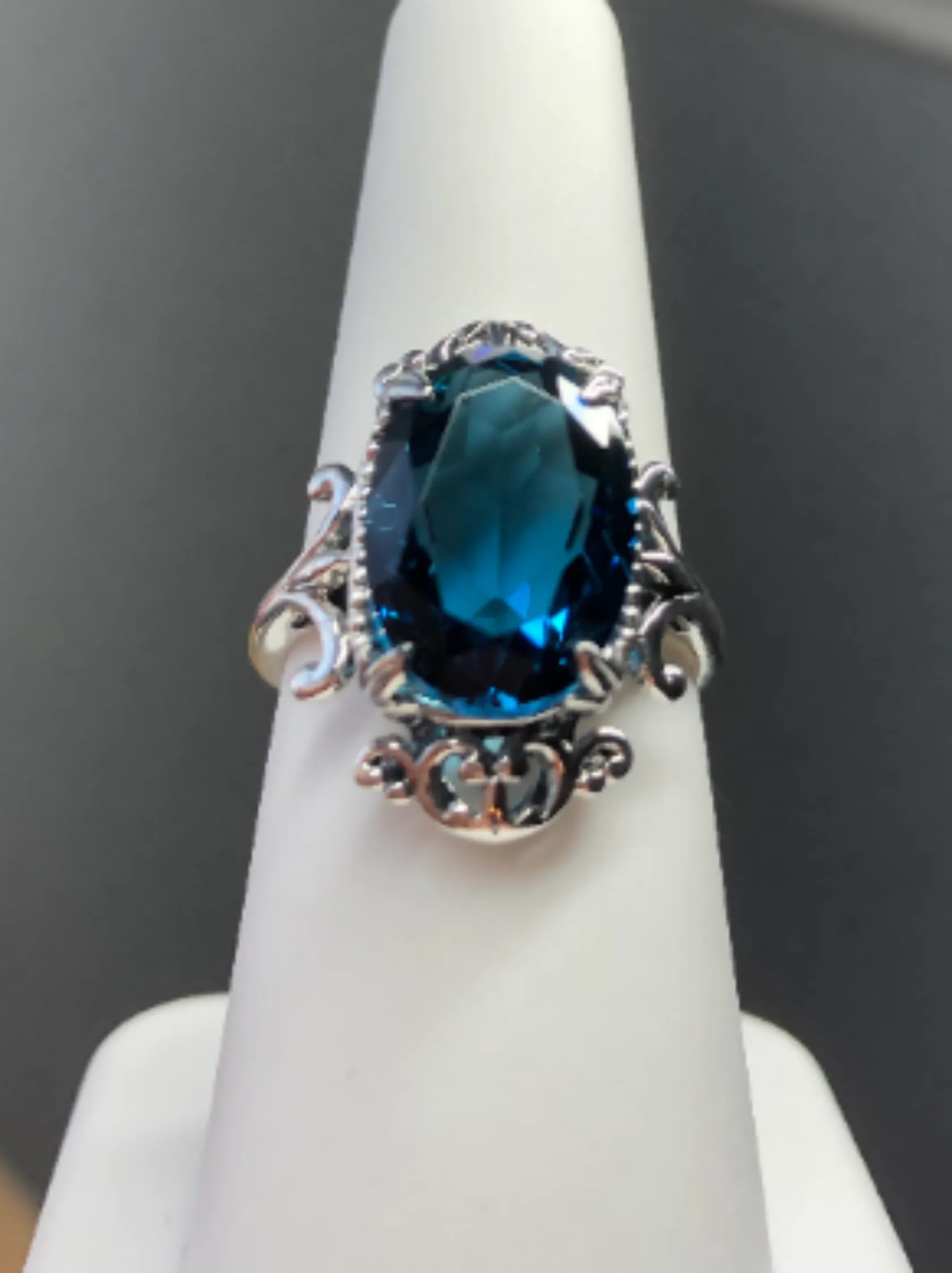 Natural London Blue Topaz Ring, Natural or Simulated Oval Gem, Gothic Vintage Style Jewelry, #D84