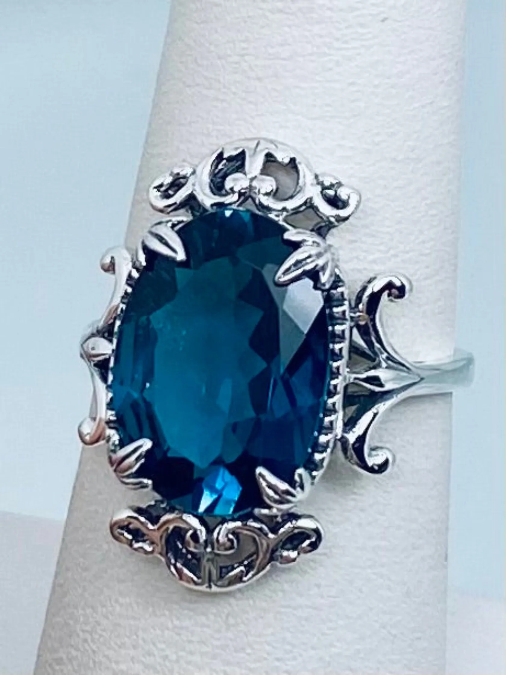 Natural London Blue Topaz Ring, Natural or Simulated Oval Gem, Gothic Vintage Style Jewelry, #D84