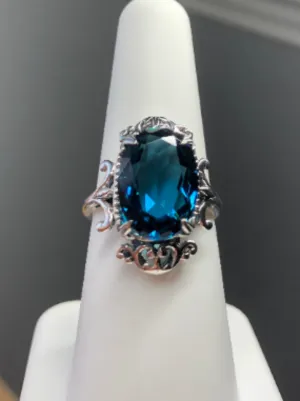 Natural London Blue Topaz Ring, Natural or Simulated Oval Gem, Gothic Vintage Style Jewelry, #D84