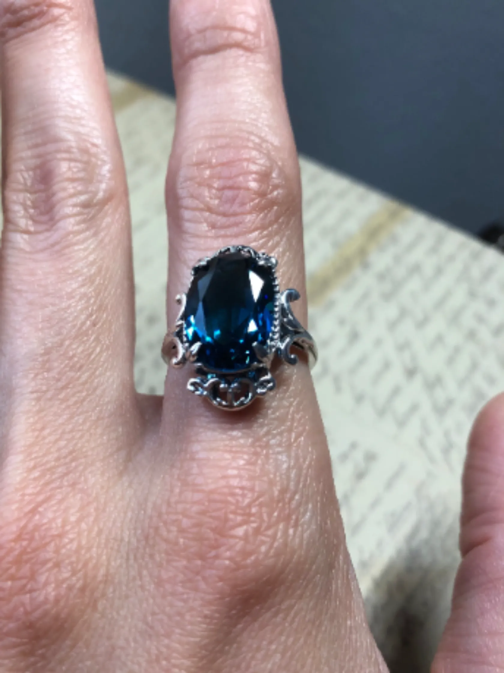 Natural London Blue Topaz Ring, Natural or Simulated Oval Gem, Gothic Vintage Style Jewelry, #D84