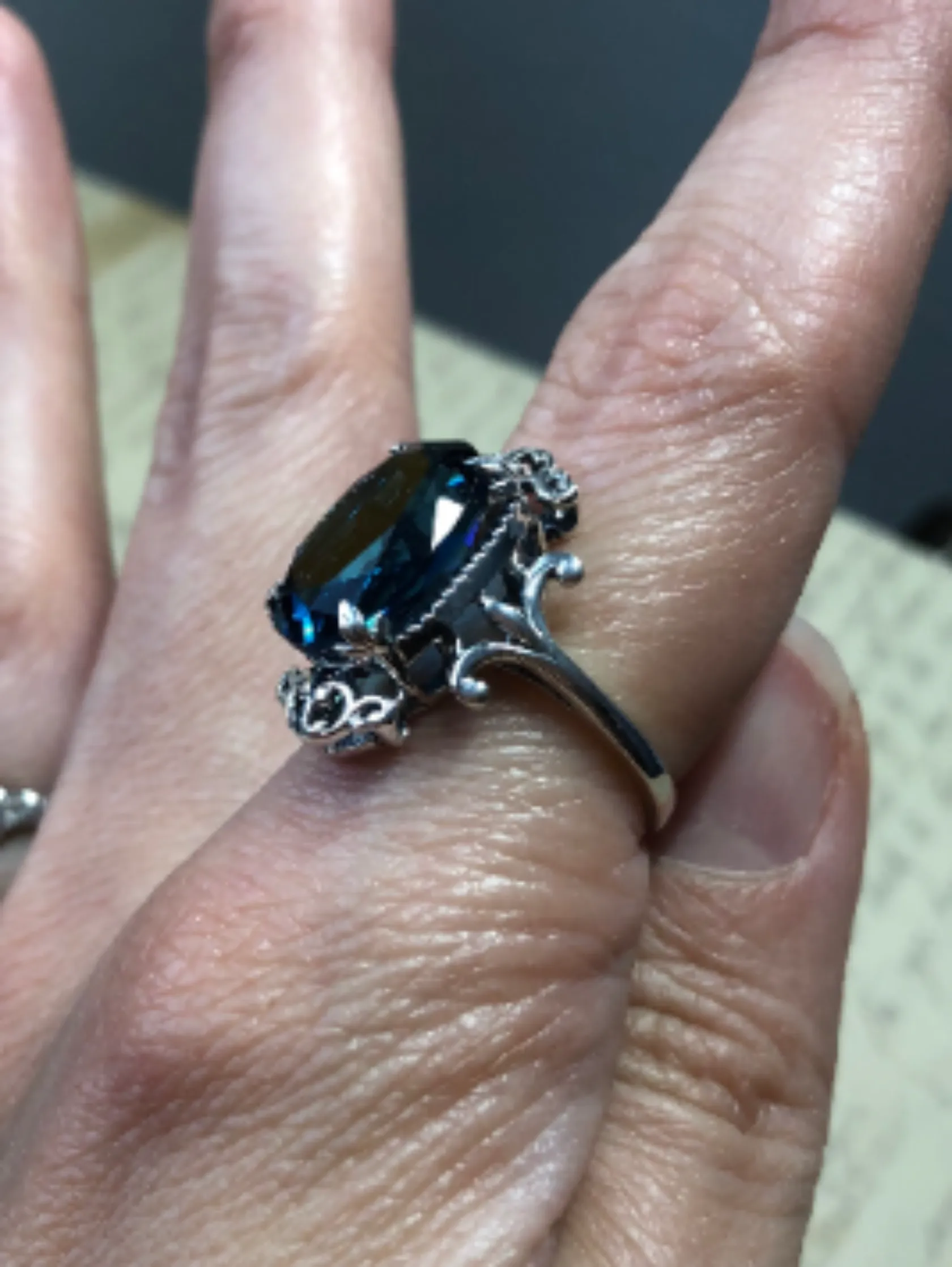 Natural London Blue Topaz Ring, Natural or Simulated Oval Gem, Gothic Vintage Style Jewelry, #D84