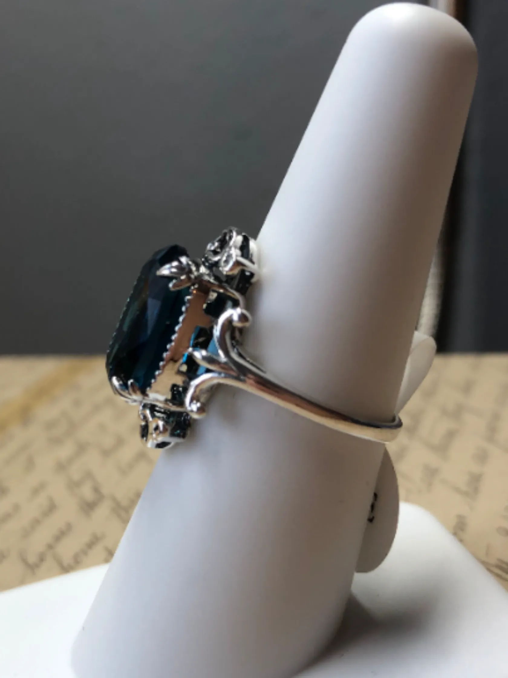 Natural London Blue Topaz Ring, Natural or Simulated Oval Gem, Gothic Vintage Style Jewelry, #D84