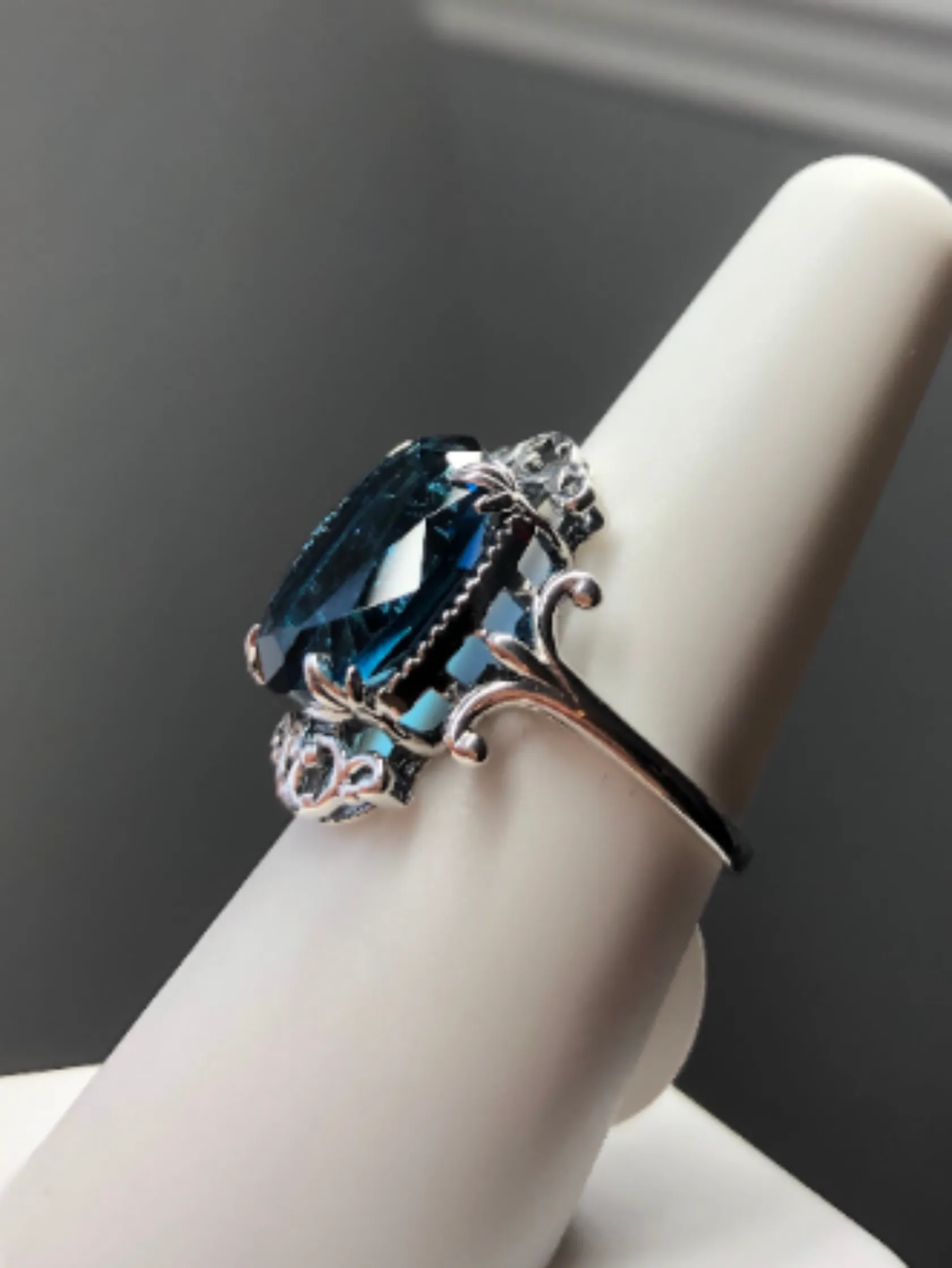 Natural London Blue Topaz Ring, Natural or Simulated Oval Gem, Gothic Vintage Style Jewelry, #D84