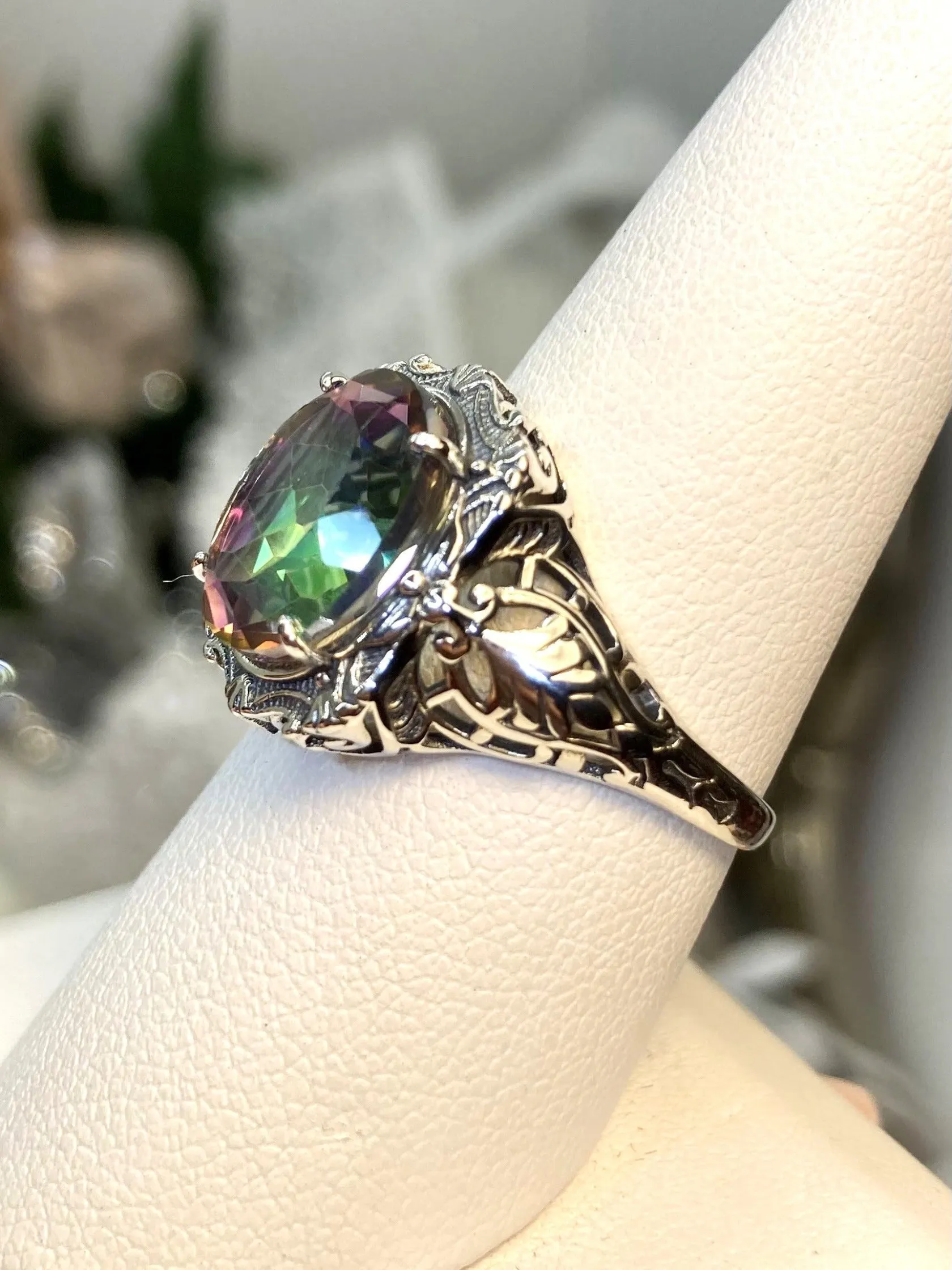 Natural Topaz Ring, Beauty Ring, Rainbow Mystic Natural Gemstone, Oval Art Nouveau Filigree Ring, D229