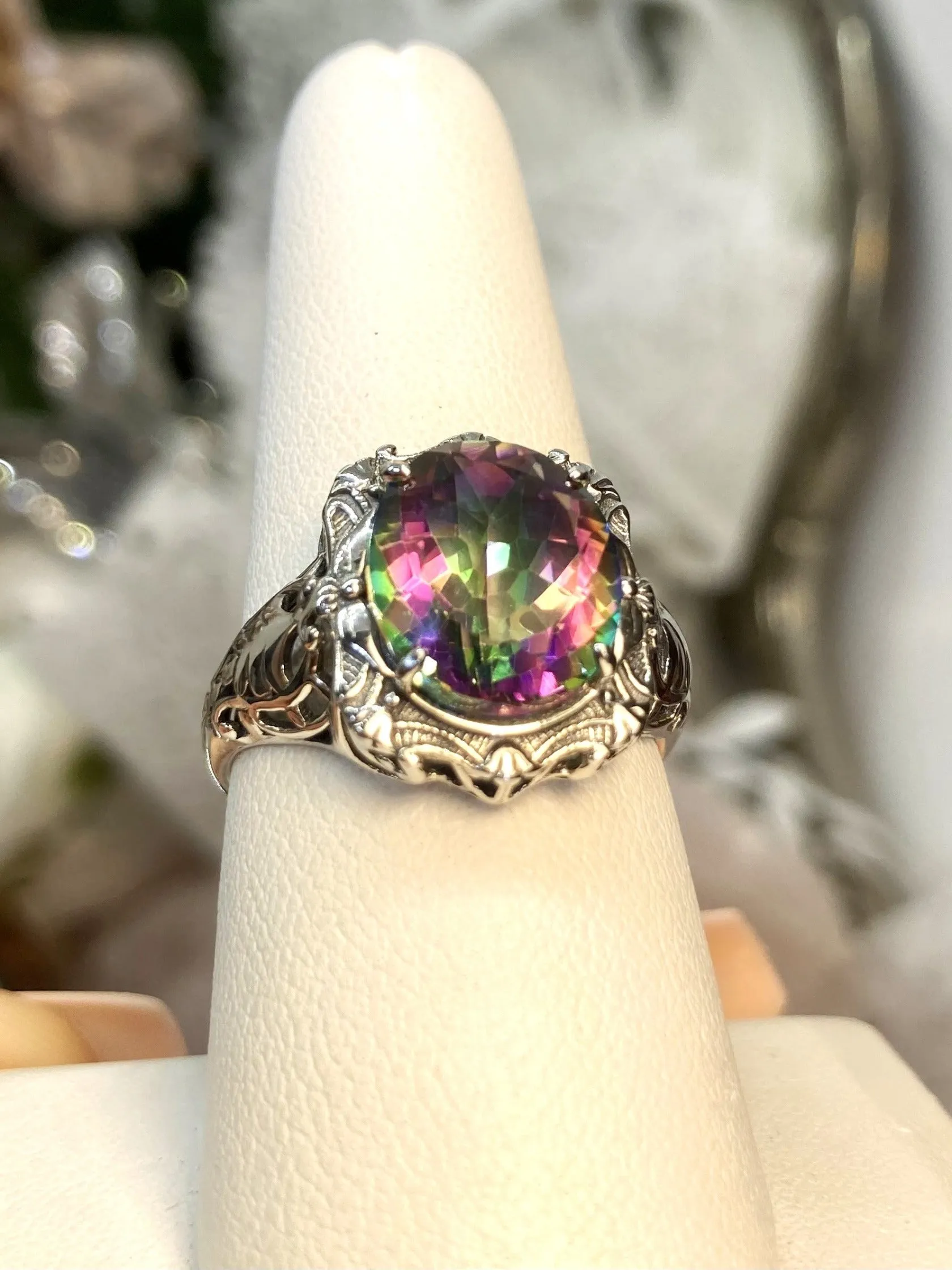 Natural Topaz Ring, Beauty Ring, Rainbow Mystic Natural Gemstone, Oval Art Nouveau Filigree Ring, D229