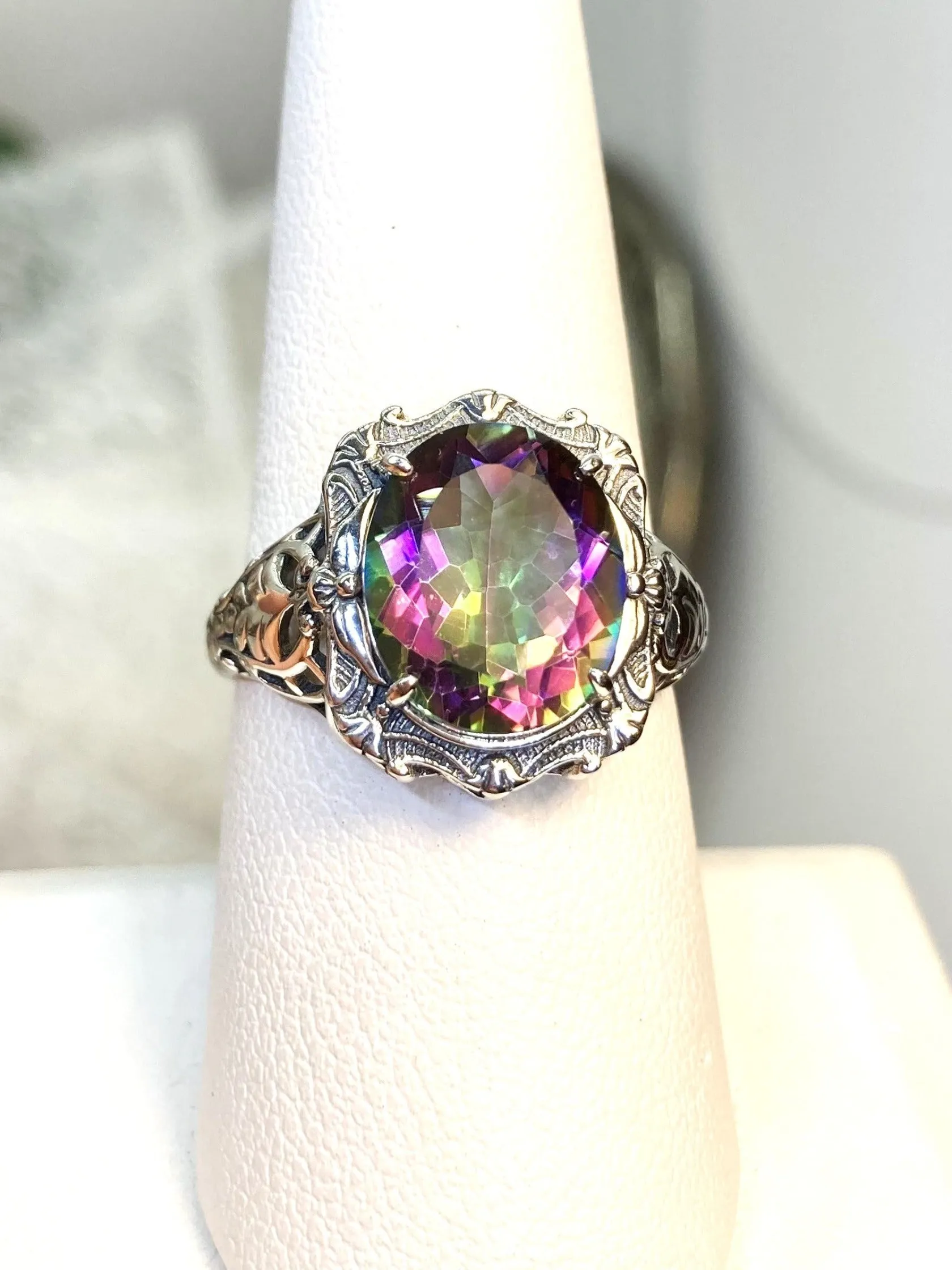 Natural Topaz Ring, Beauty Ring, Rainbow Mystic Natural Gemstone, Oval Art Nouveau Filigree Ring, D229