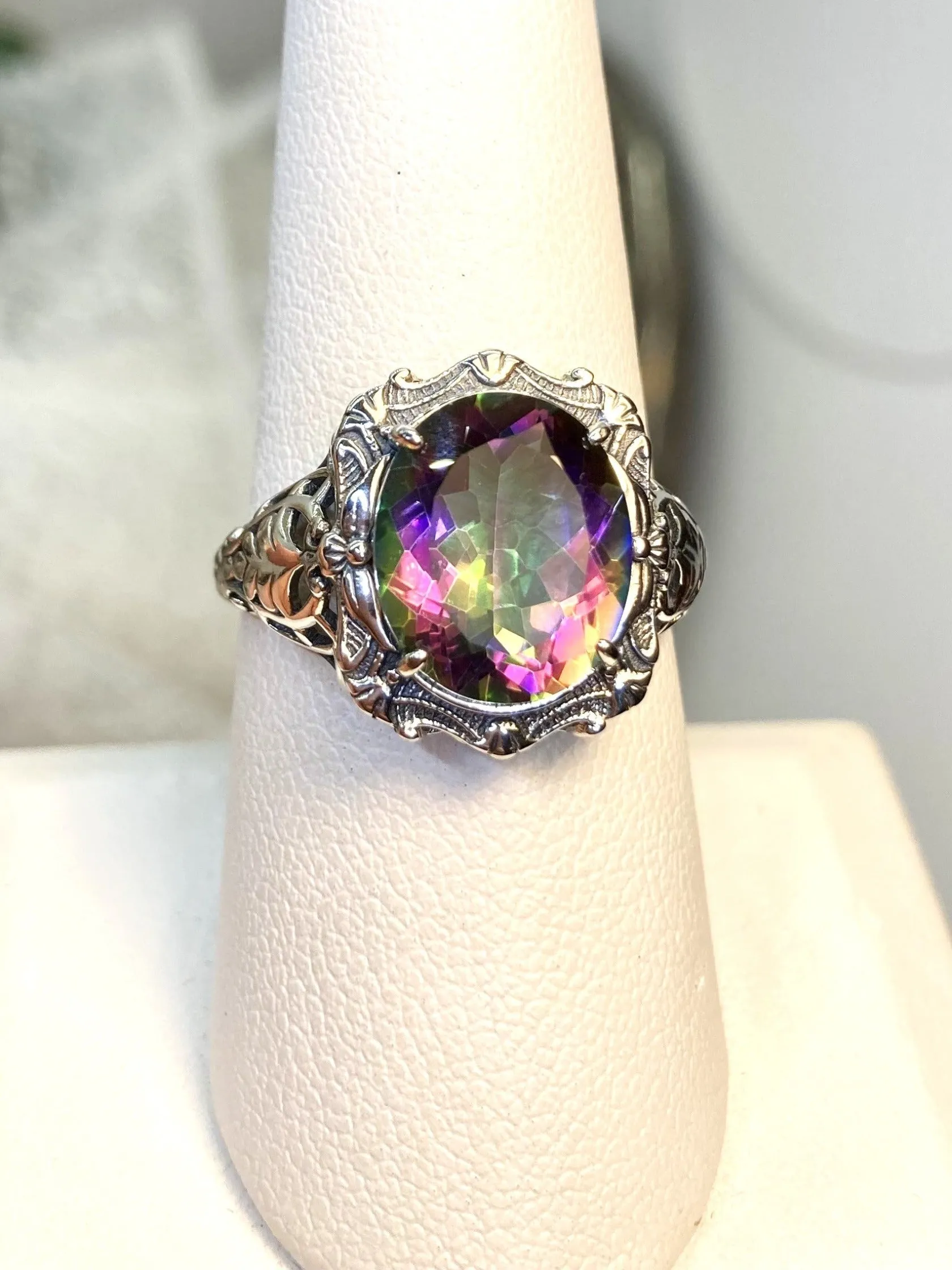 Natural Topaz Ring, Beauty Ring, Rainbow Mystic Natural Gemstone, Oval Art Nouveau Filigree Ring, D229