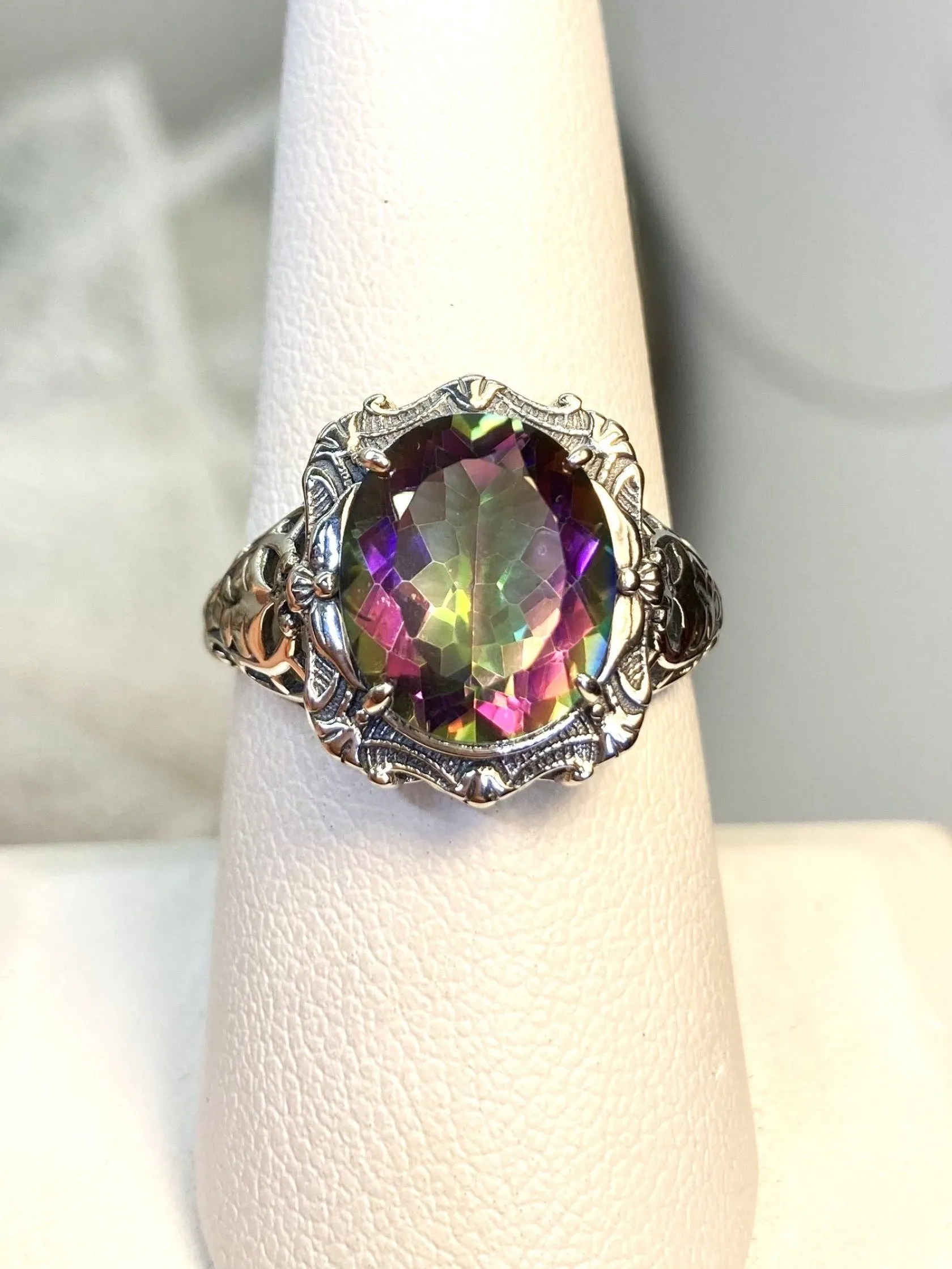 Natural Topaz Ring, Beauty Ring, Rainbow Mystic Natural Gemstone, Oval Art Nouveau Filigree Ring, D229