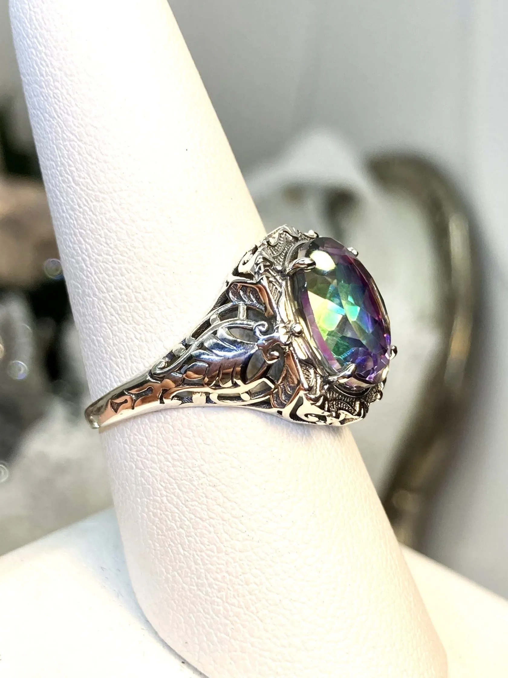 Natural Topaz Ring, Beauty Ring, Rainbow Mystic Natural Gemstone, Oval Art Nouveau Filigree Ring, D229