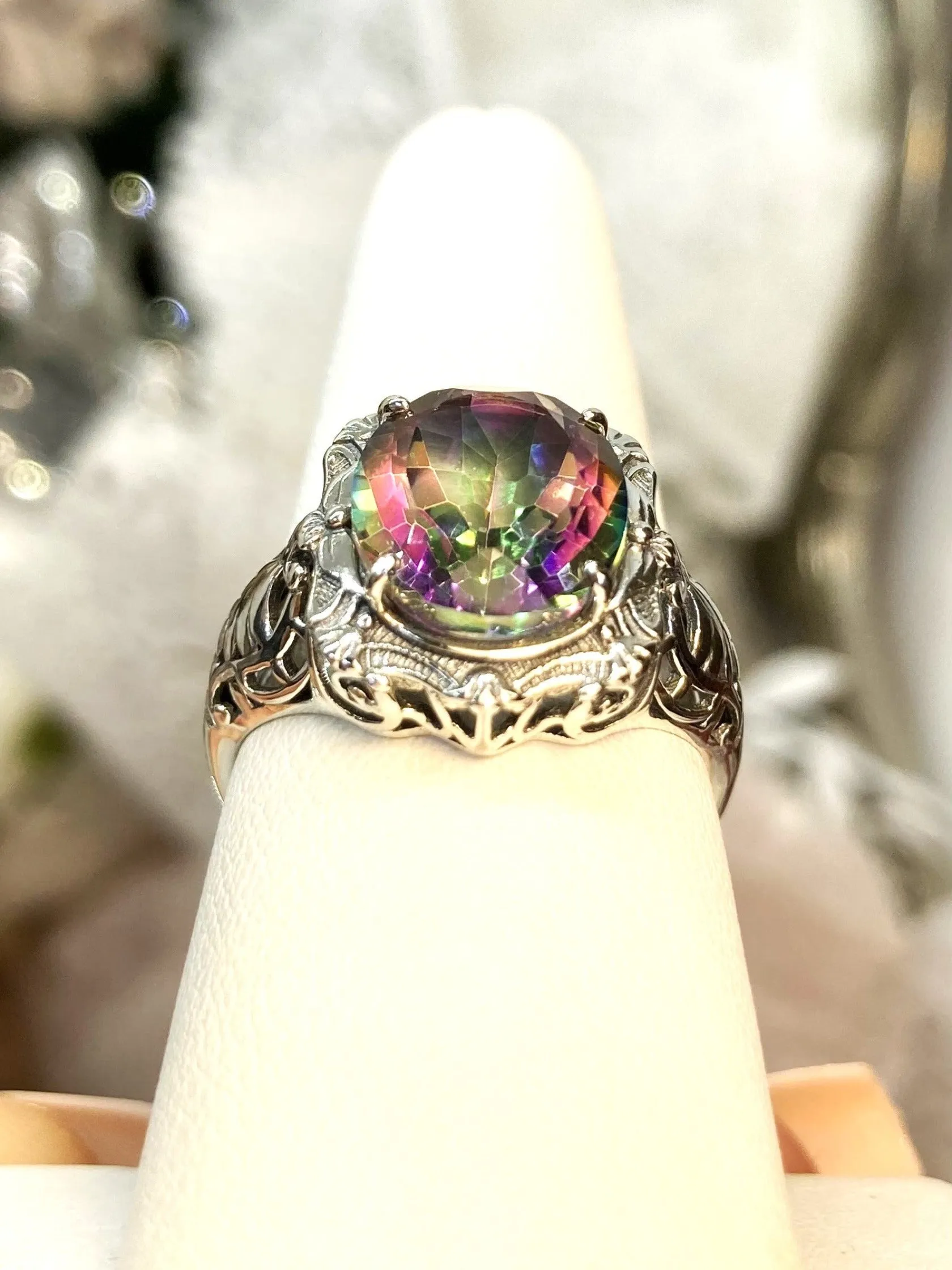 Natural Topaz Ring, Beauty Ring, Rainbow Mystic Natural Gemstone, Oval Art Nouveau Filigree Ring, D229