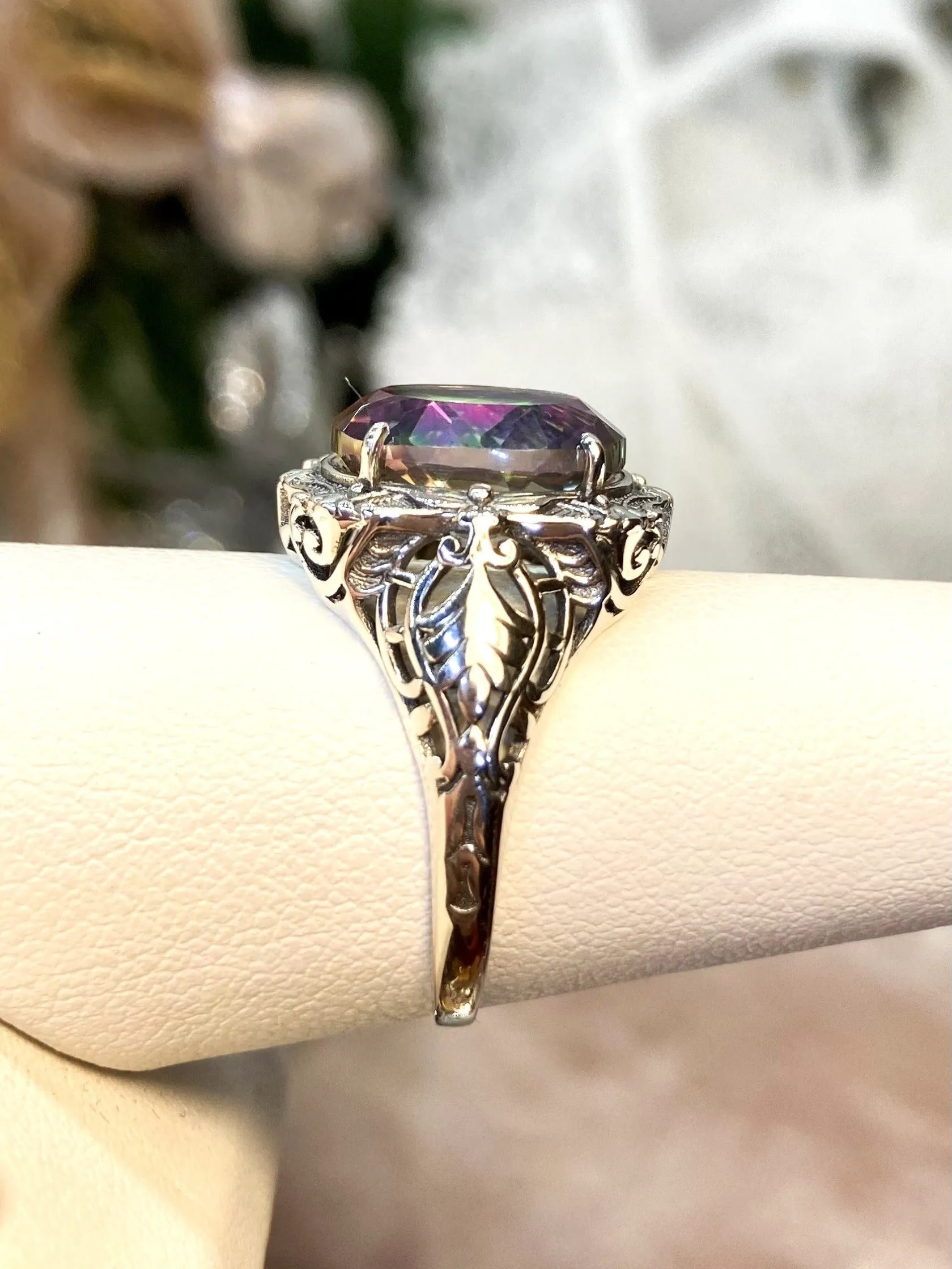 Natural Topaz Ring, Beauty Ring, Rainbow Mystic Natural Gemstone, Oval Art Nouveau Filigree Ring, D229