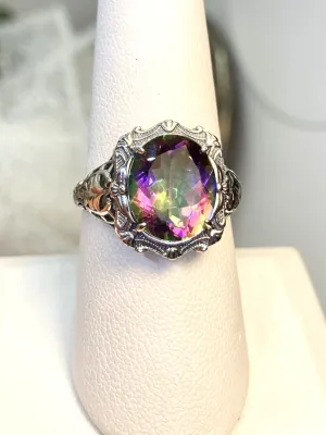 Natural Topaz Ring, Beauty Ring, Rainbow Mystic Natural Gemstone, Oval Art Nouveau Filigree Ring, D229
