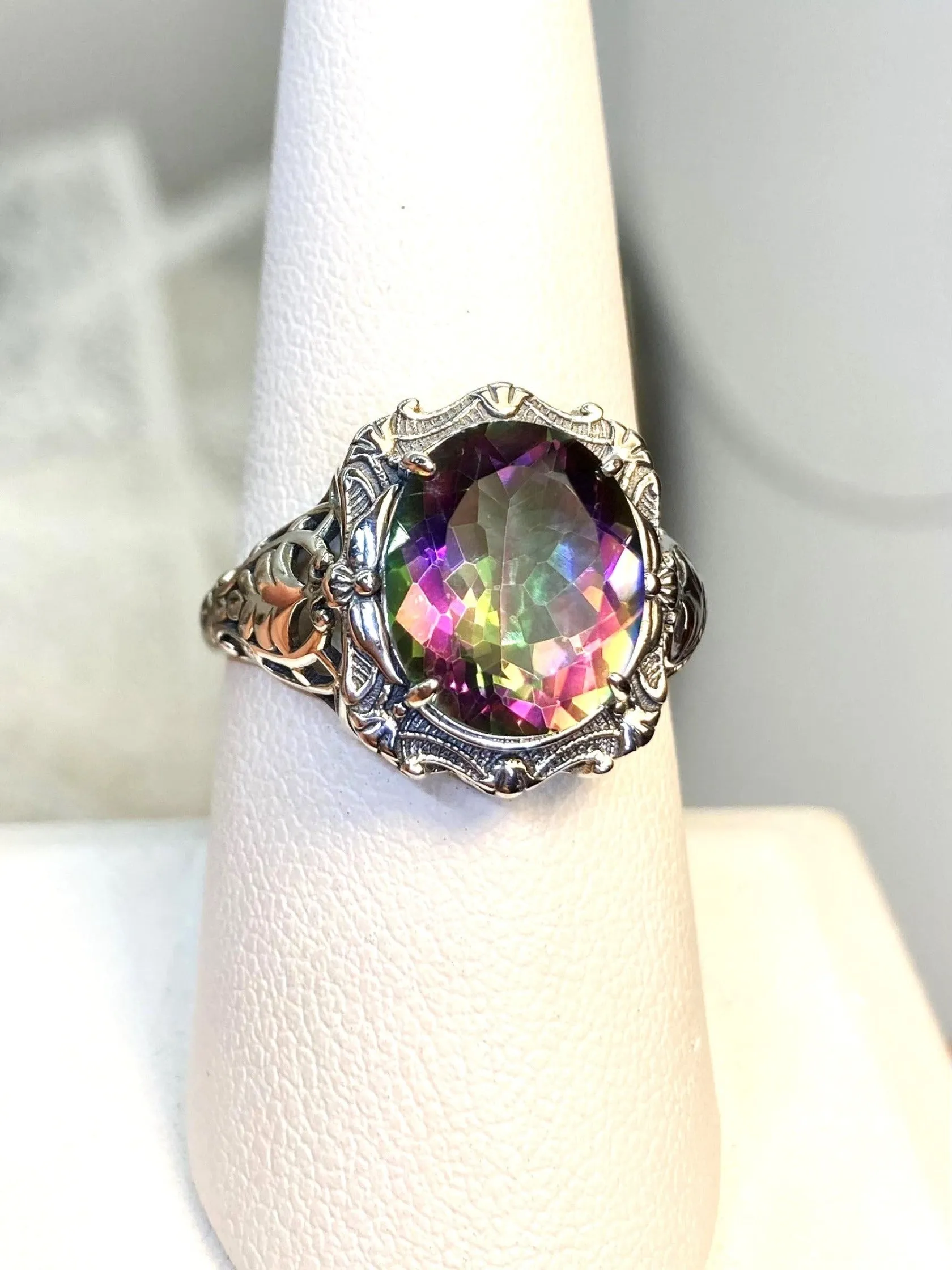 Natural Topaz Ring, Beauty Ring, Rainbow Mystic Natural Gemstone, Oval Art Nouveau Filigree Ring, D229