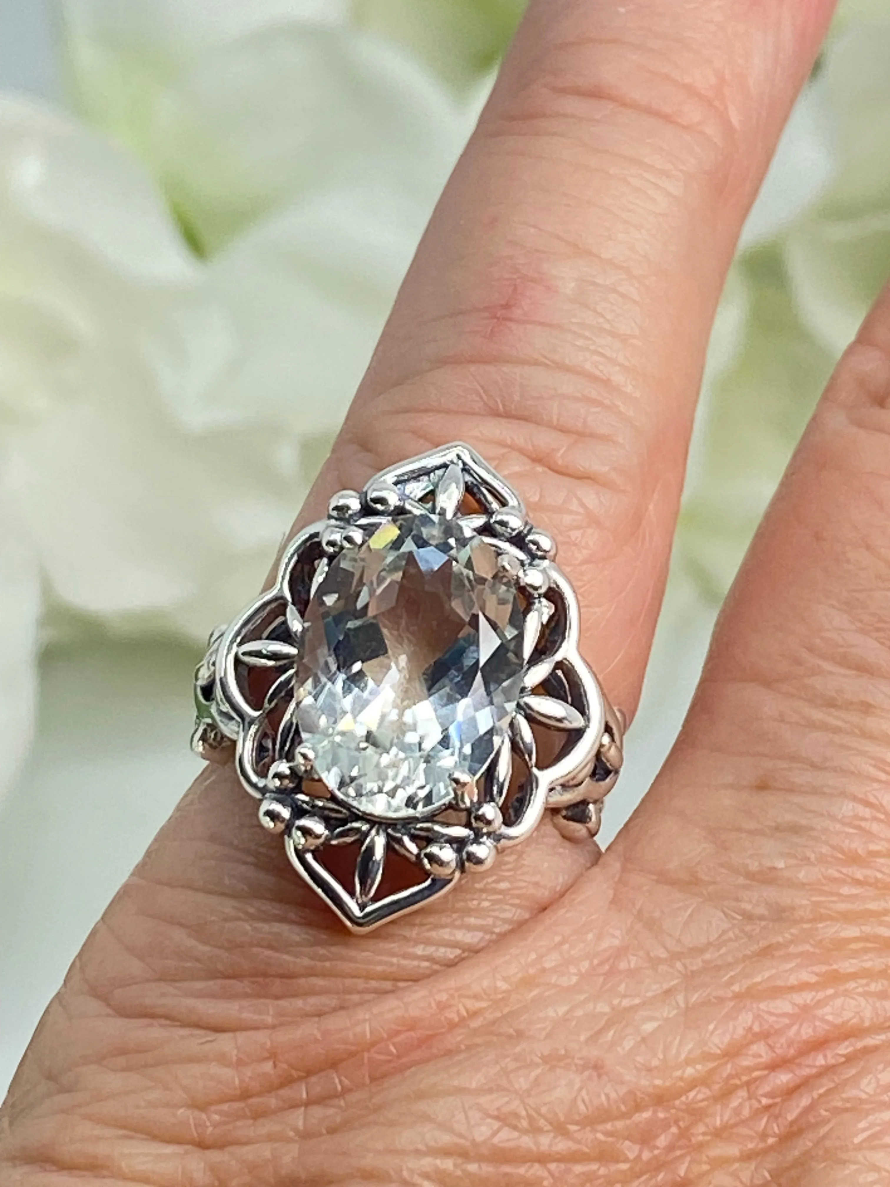 Natural White Topaz Ring, Size 6, Gothic Filigree Ring - Vintage Style Ring D98 - Ready to Ship