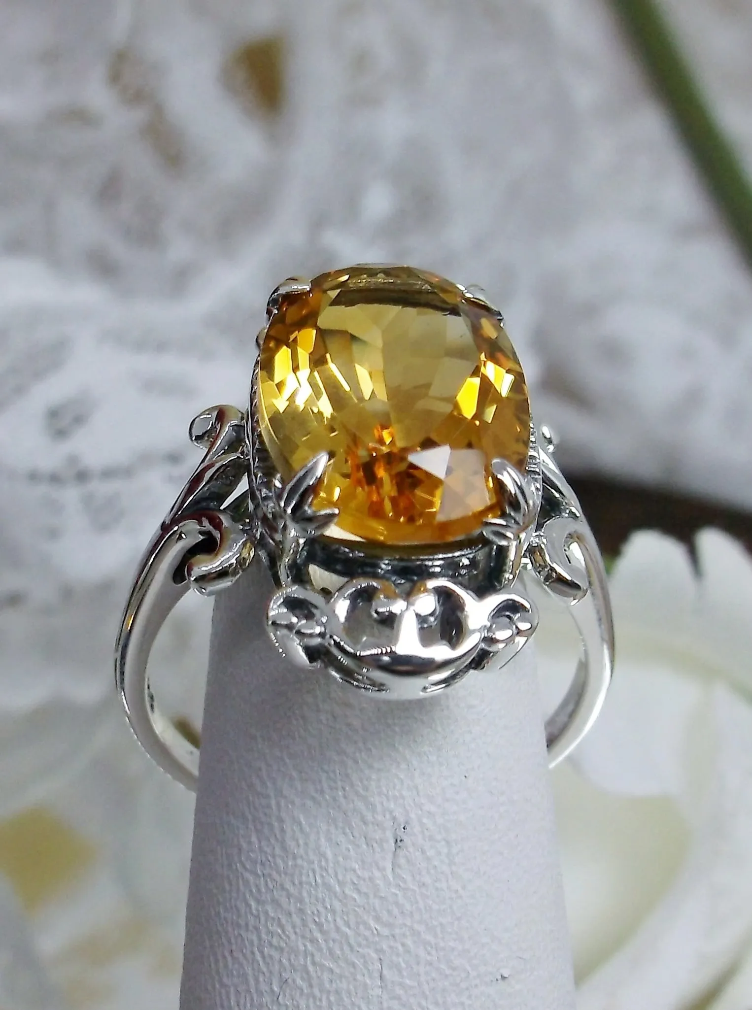 Natural Yellow Citrine Ring, Sterling Silver Filigree, Gothic Jewelry, #D84