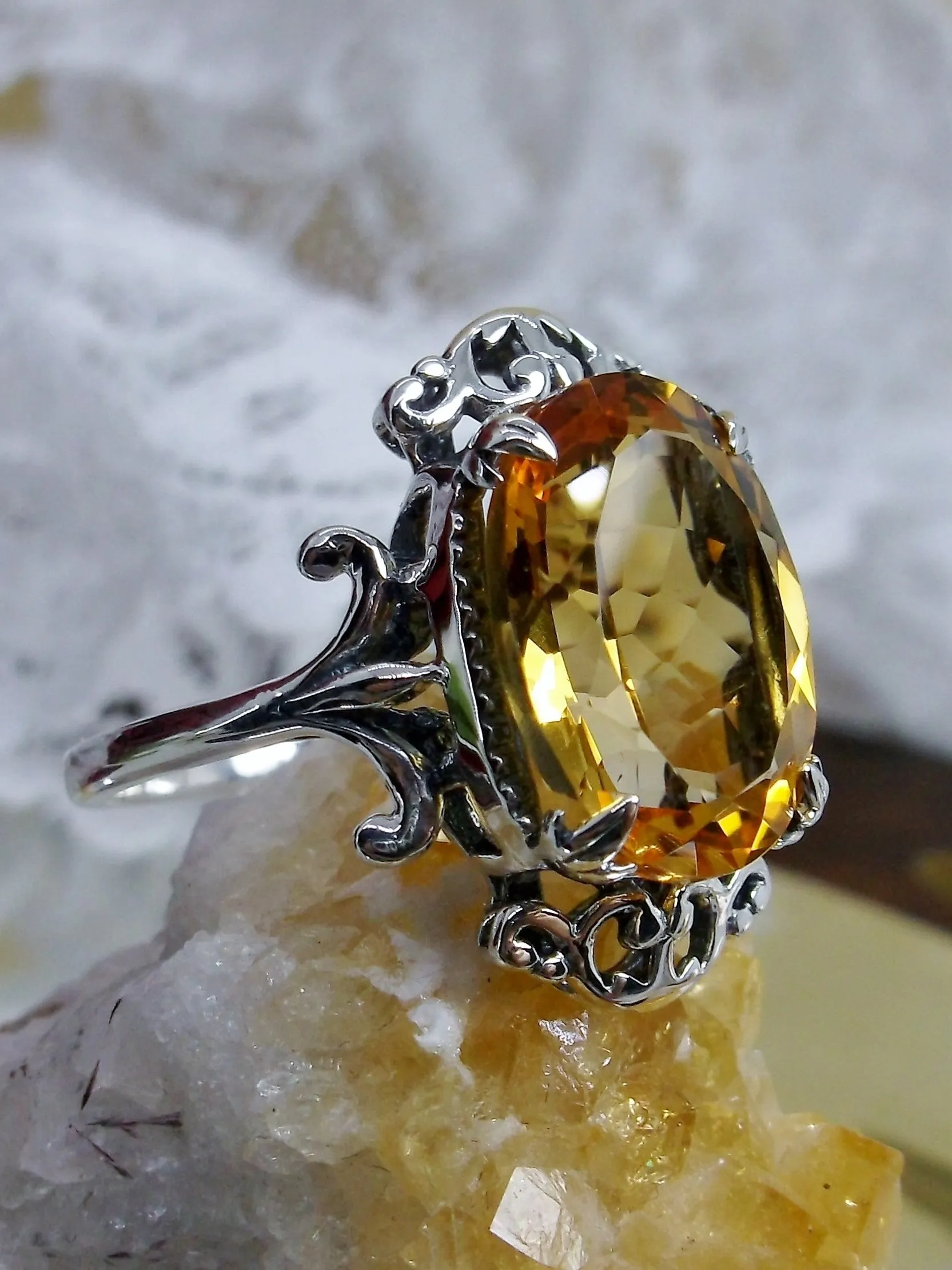 Natural Yellow Citrine Ring, Sterling Silver Filigree, Gothic Jewelry, #D84