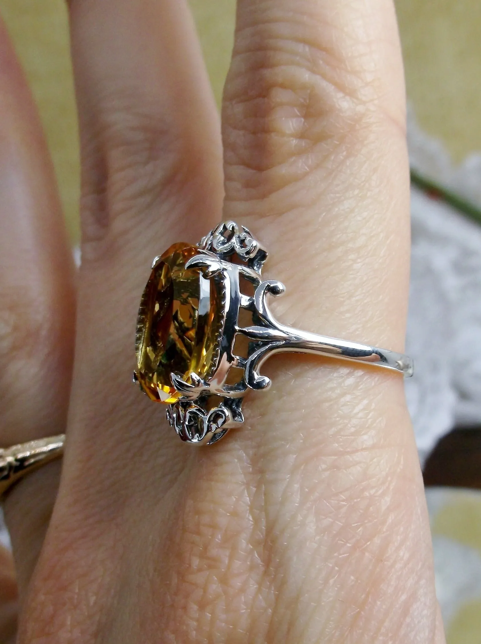 Natural Yellow Citrine Ring, Sterling Silver Filigree, Gothic Jewelry, #D84
