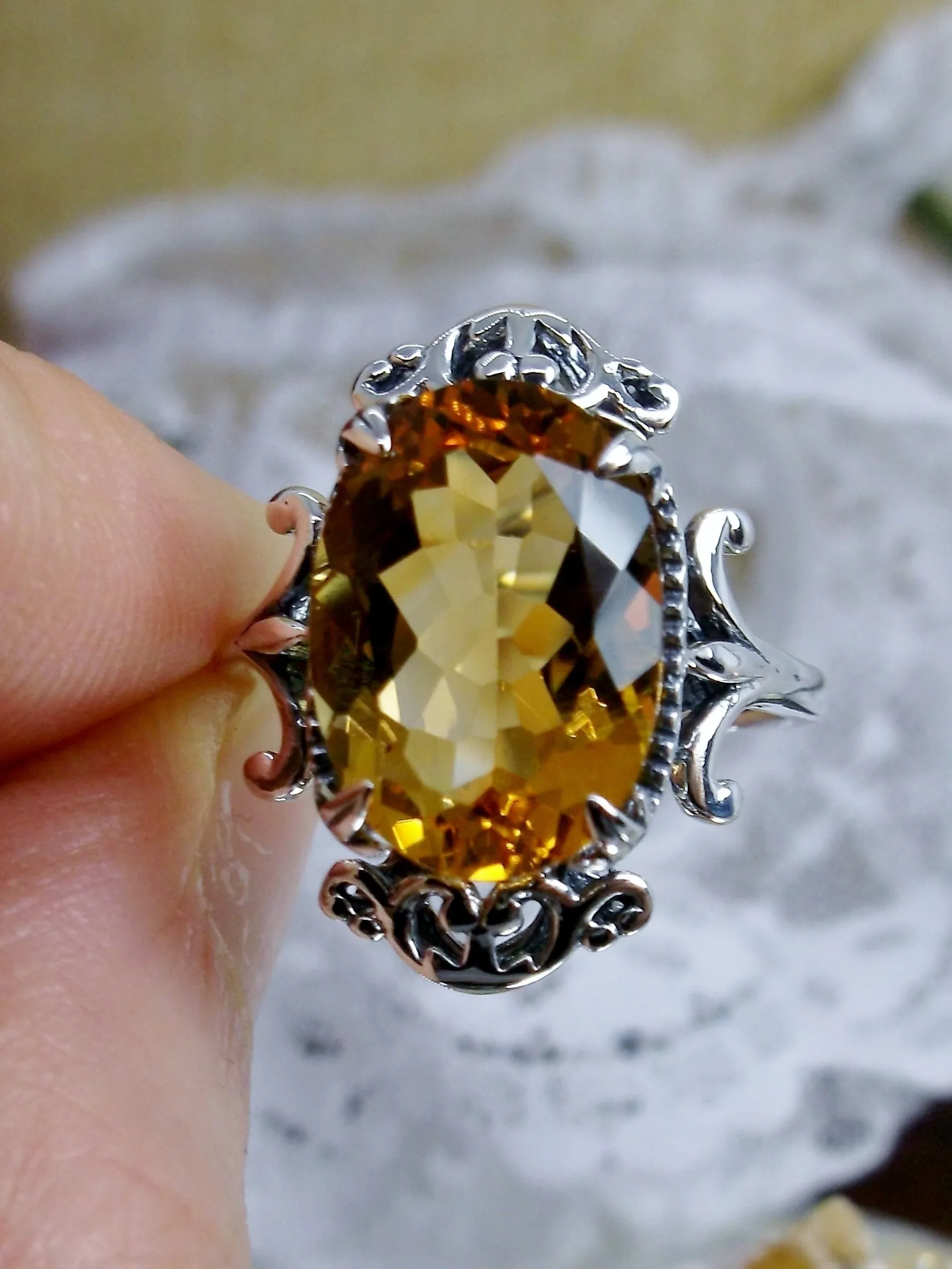 Natural Yellow Citrine Ring, Sterling Silver Filigree, Gothic Jewelry, #D84
