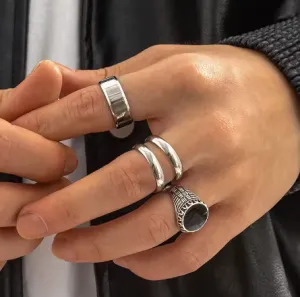 NEW 4pcs/set Geometric Carved Titanium Steel Ring for Men Vintage Gothic Jewelry Silver Color Punk Neutral Steampunk, Sz 9 Rings