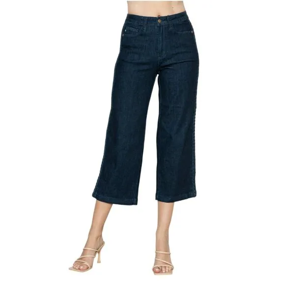 NEW Judy Blue Full Size Side Seam Embroidered Braid Detail Crop Wide Leg Jeans