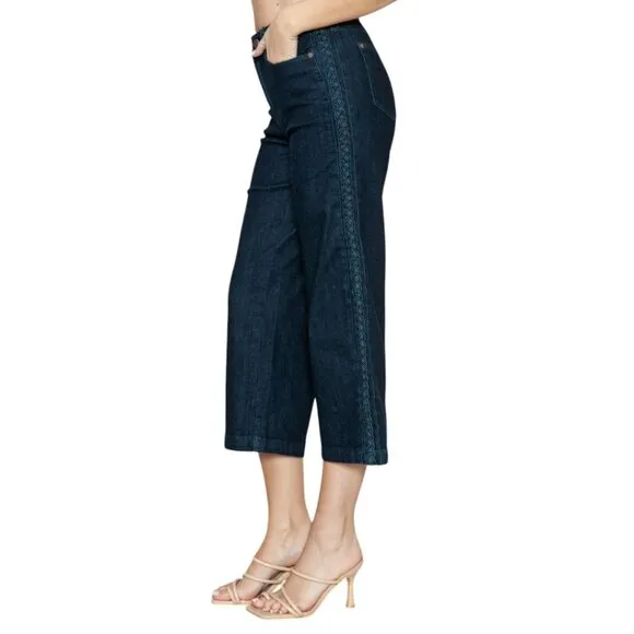 NEW Judy Blue Full Size Side Seam Embroidered Braid Detail Crop Wide Leg Jeans
