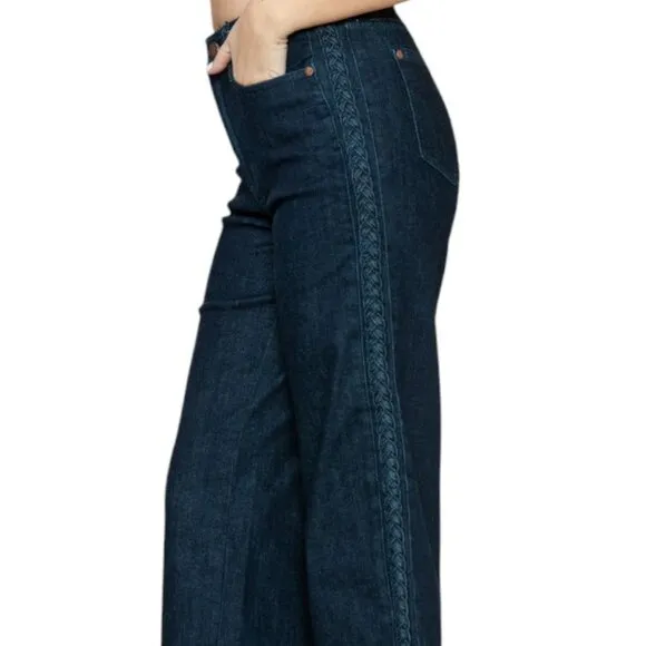 NEW Judy Blue Full Size Side Seam Embroidered Braid Detail Crop Wide Leg Jeans