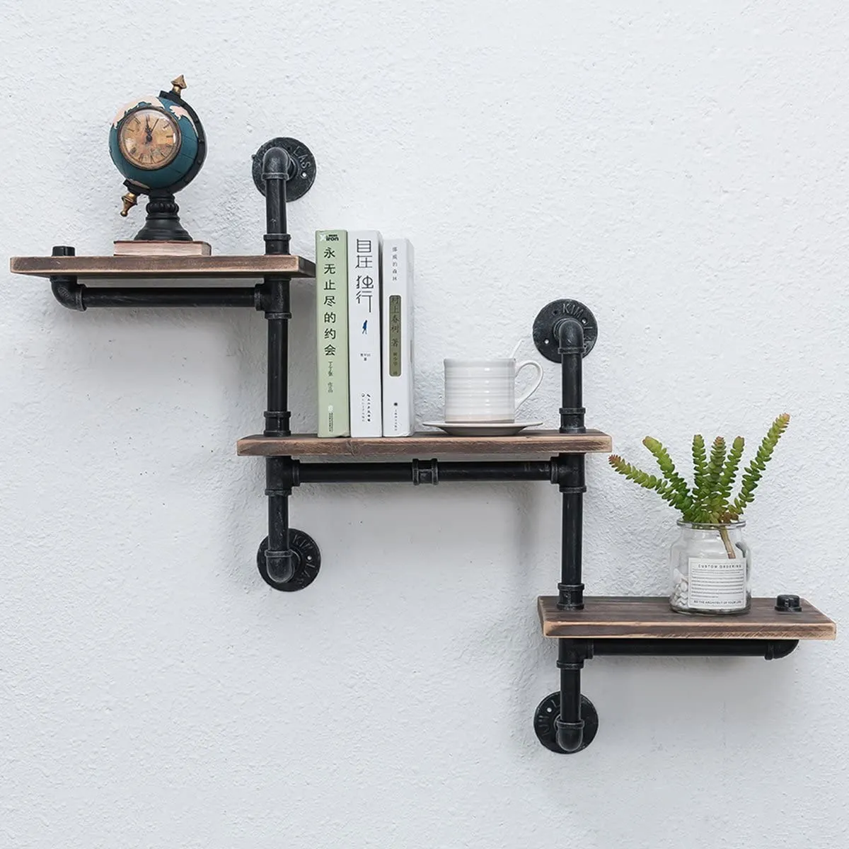 New MBQQ Industrial Bookshelf Pipe Shelves 3 Tiers,Rustic Wood Shelf Wall Mounted,Metal Corner Hung Bracket Shelving Floating Shelves Steampunk Decor
